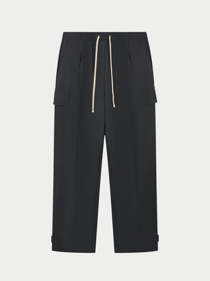 PLEATED WIDE LEG WOOL BLEND TROUSERS - BLACK