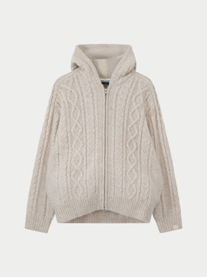 CABLE KNIT ZIP THROUGH HOODIE - STONE