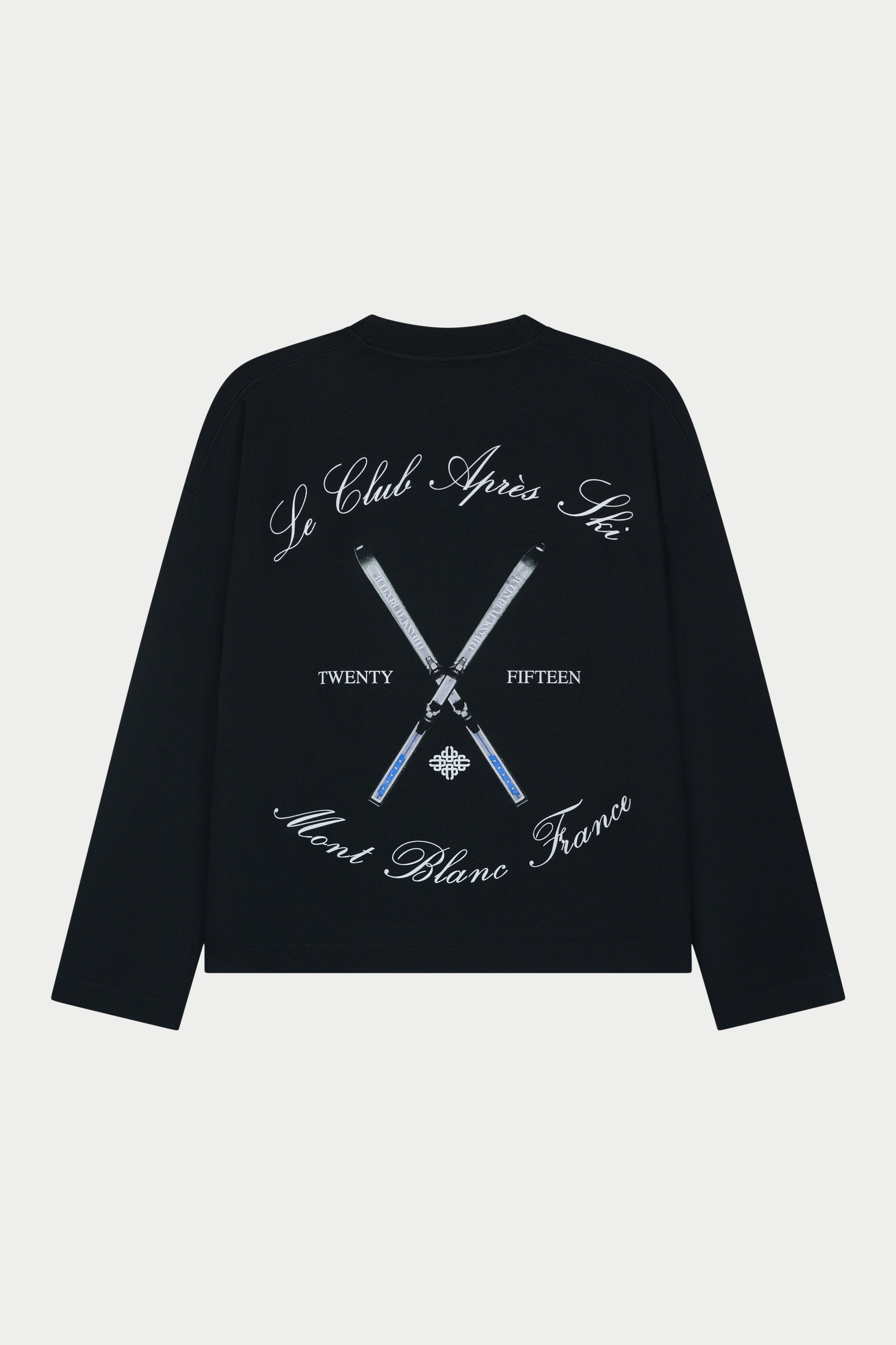 Black long sleeved t-shirt with white text and design on a light grey background