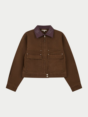WASHED CONTRAST COLLAR TRUCKER JACKET - CHOCOLATE