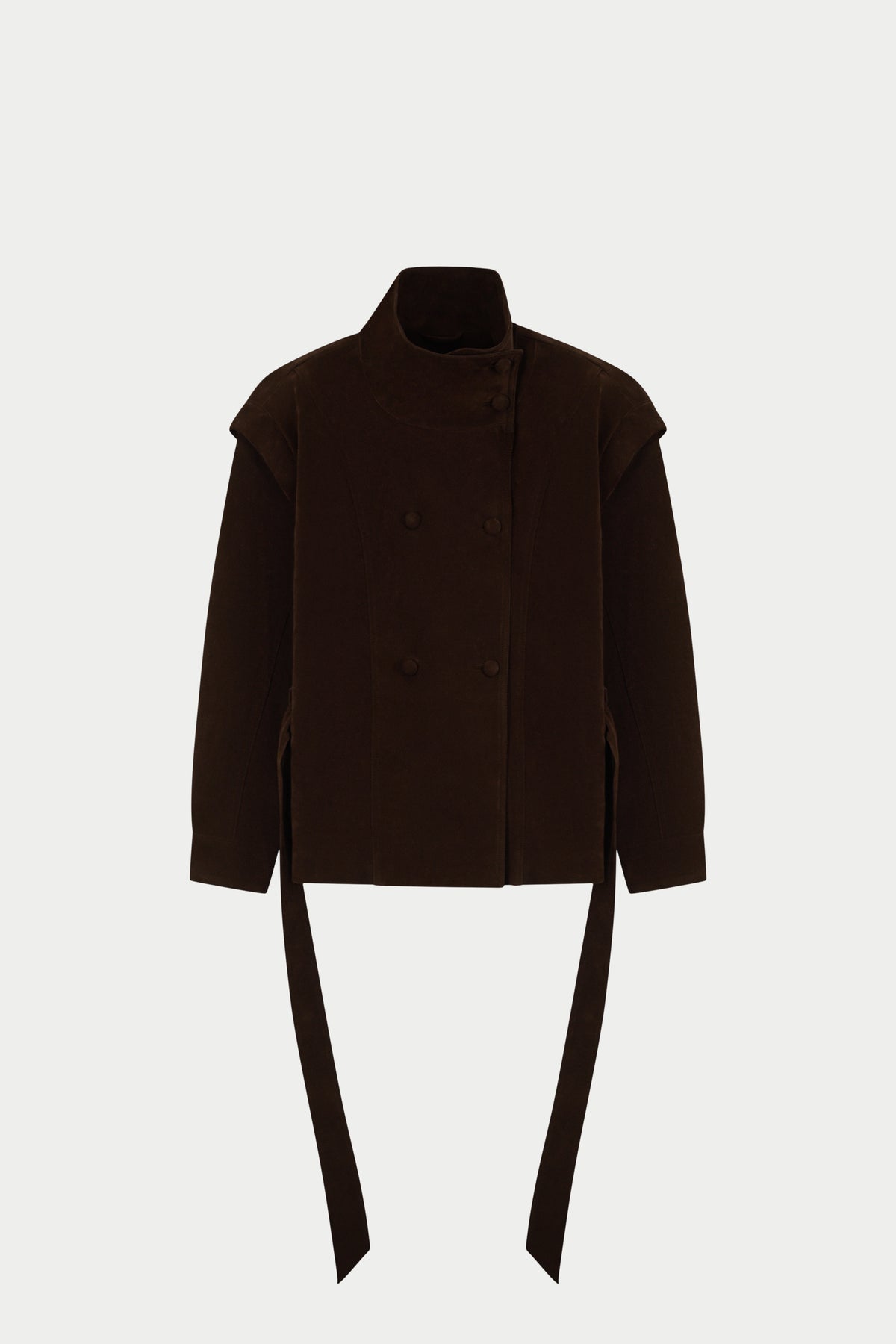 FAUX SUEDE FUNNEL NECK TIE WAIST JACKET - BROWN