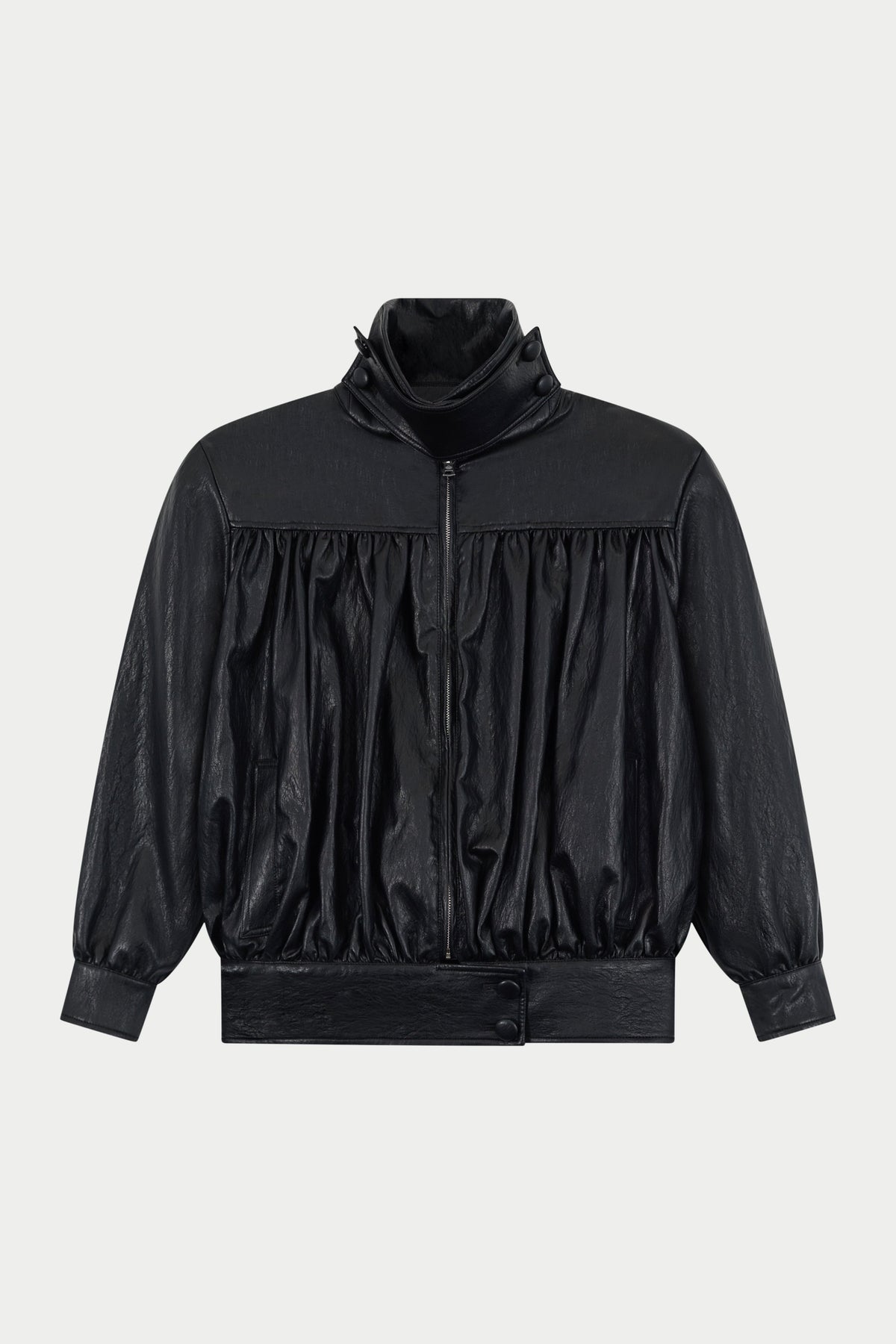 Women's Ruched Funnel Neck Faux Leather Jacket in Black – flat lay front view showing the ruched panels