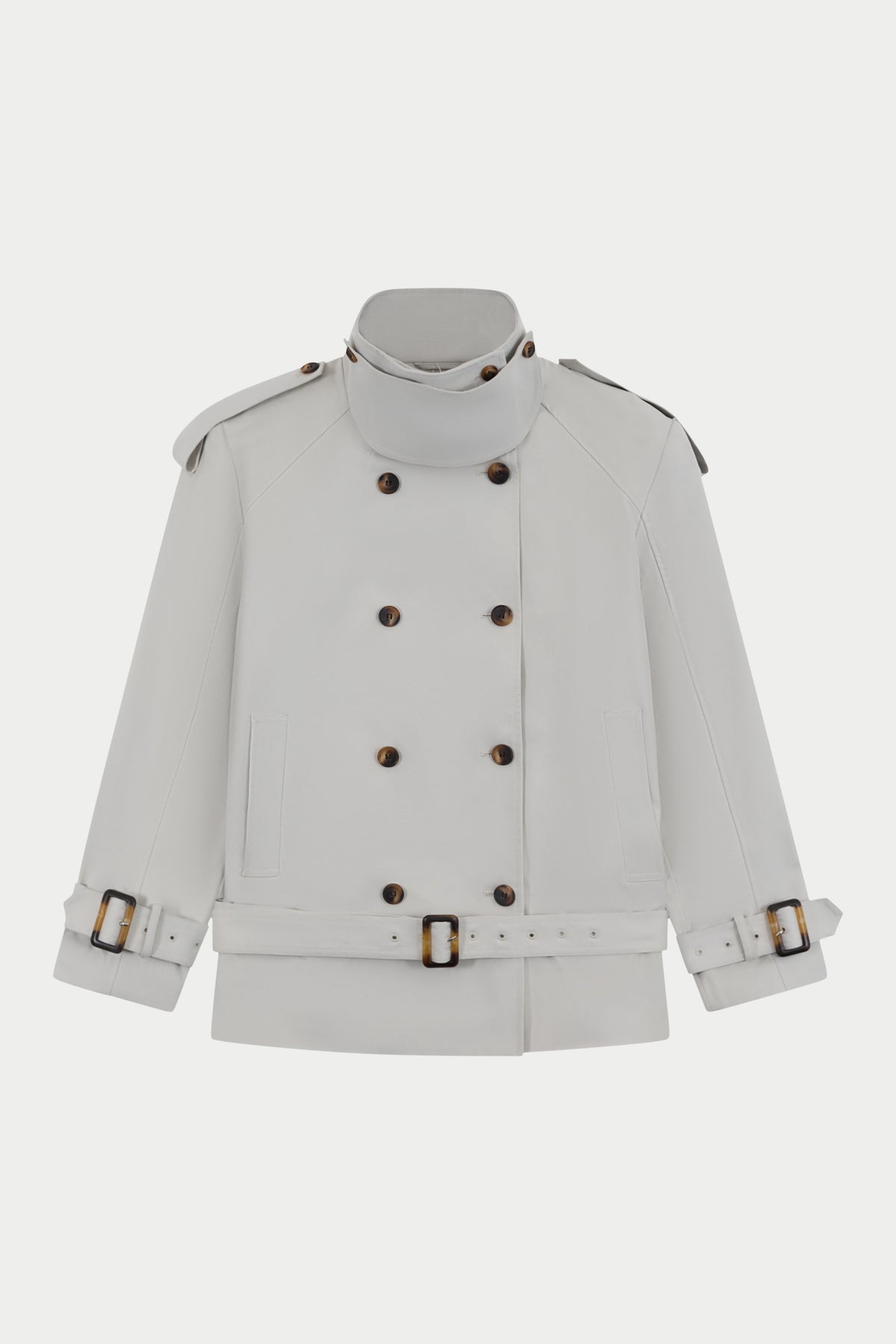 Women's Funnel Neck Shoulder Padded Trench Coat in Stone – flat lay front view showing the belted waist
