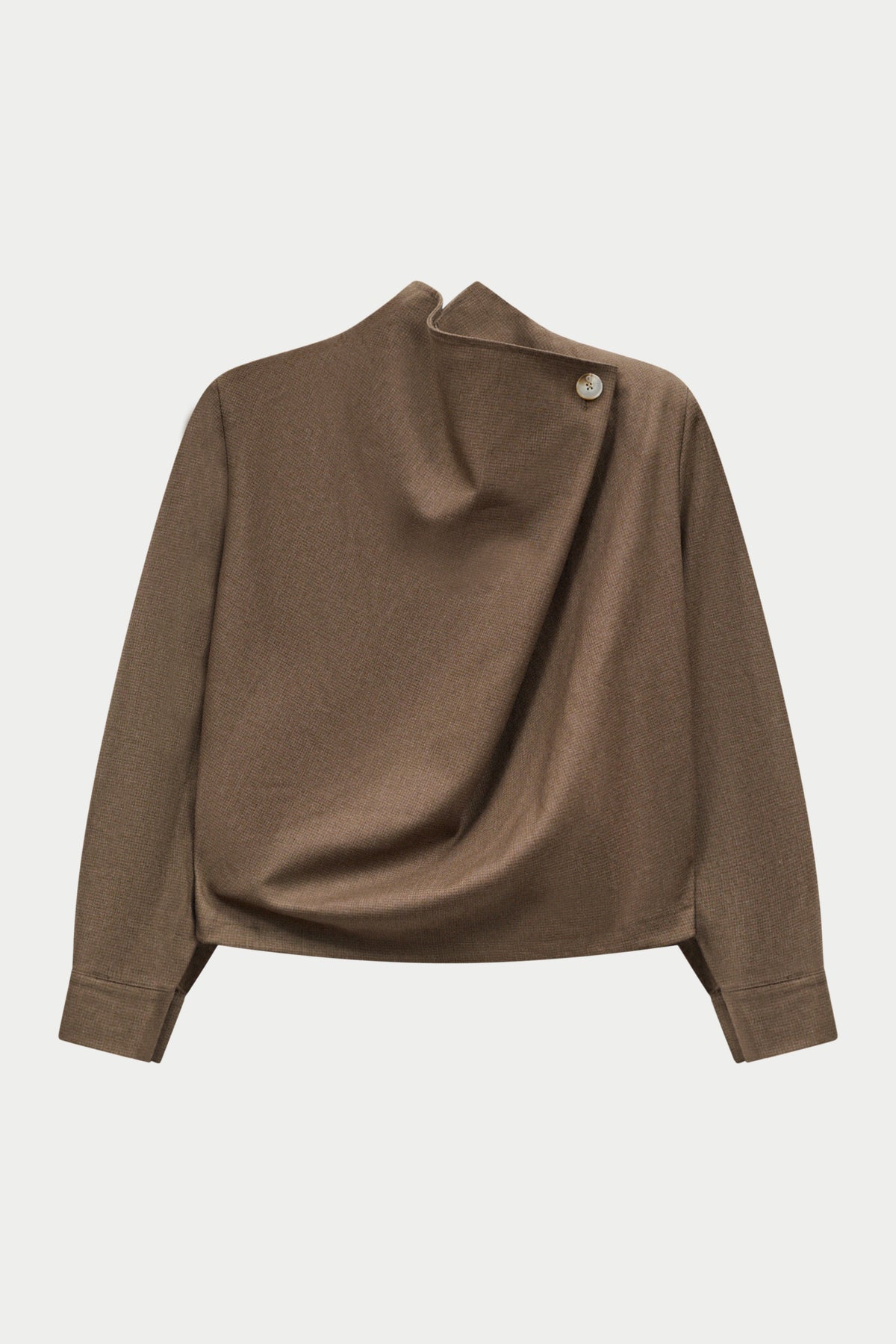 Brown tailored wrap funnel neck top on a white background