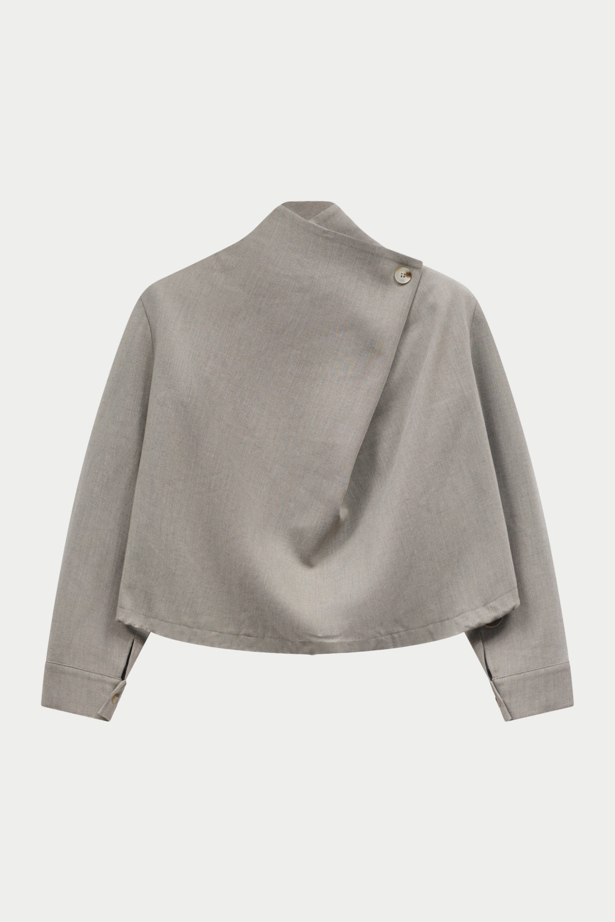 Grey wrap funnel neck tailored top on a white background.