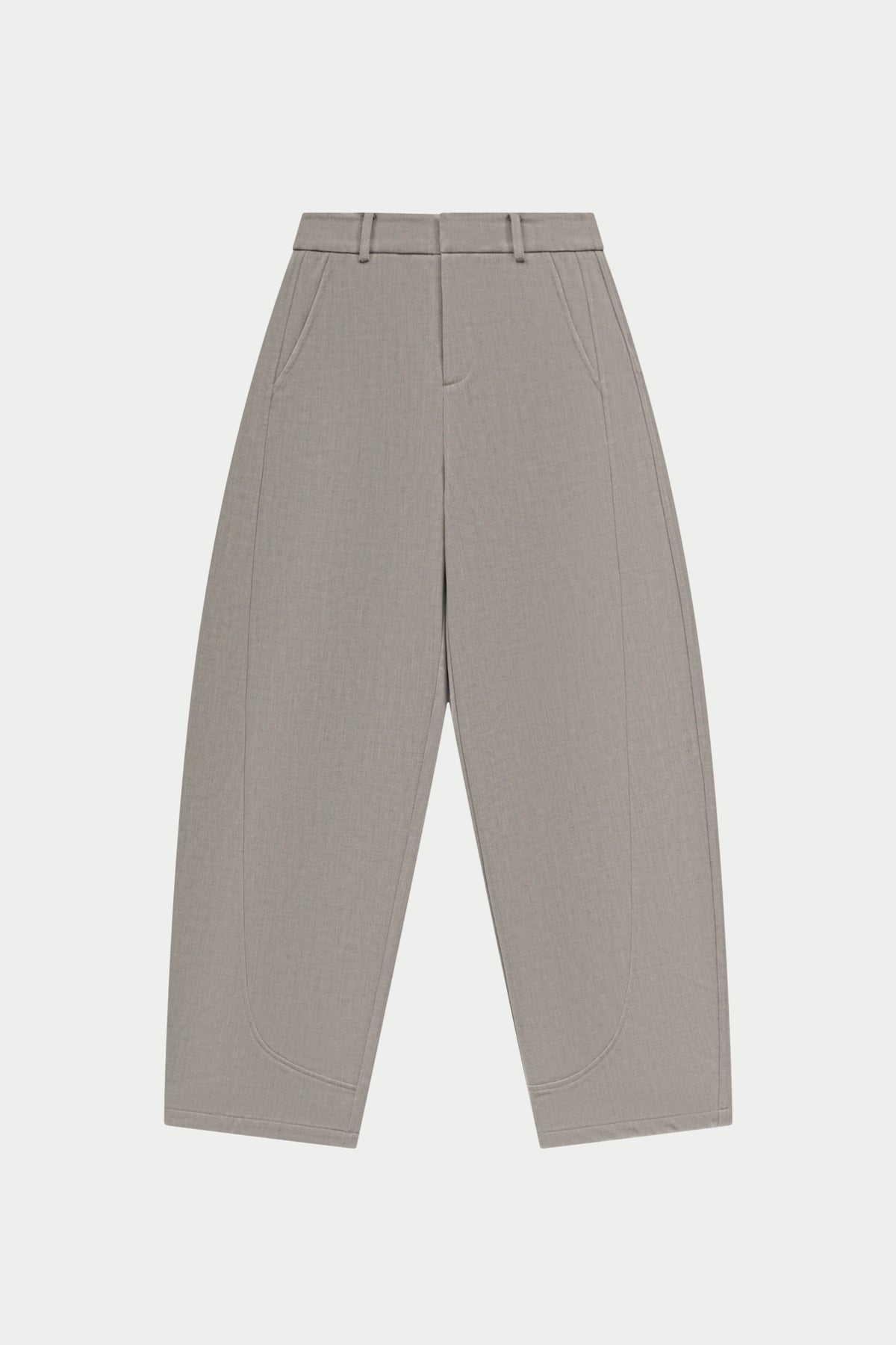 Light grey barrel leg trousers on a white background