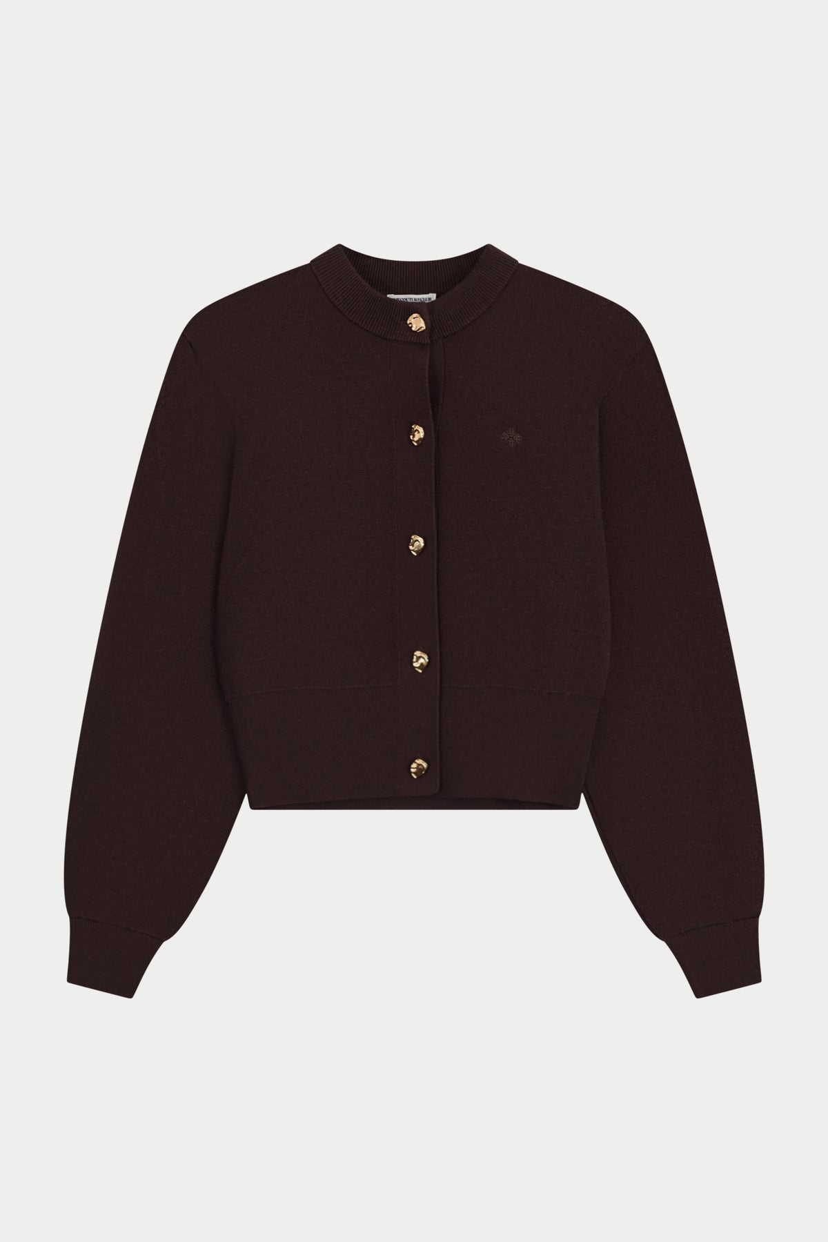 Women's Compact Knit Cardigan in Brown – flat lay front view showing the button front