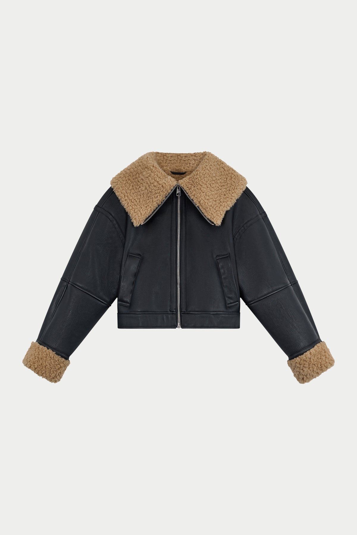 BORG FUNNEL NECK FAUX LEATHER AVIATOR - BROWN