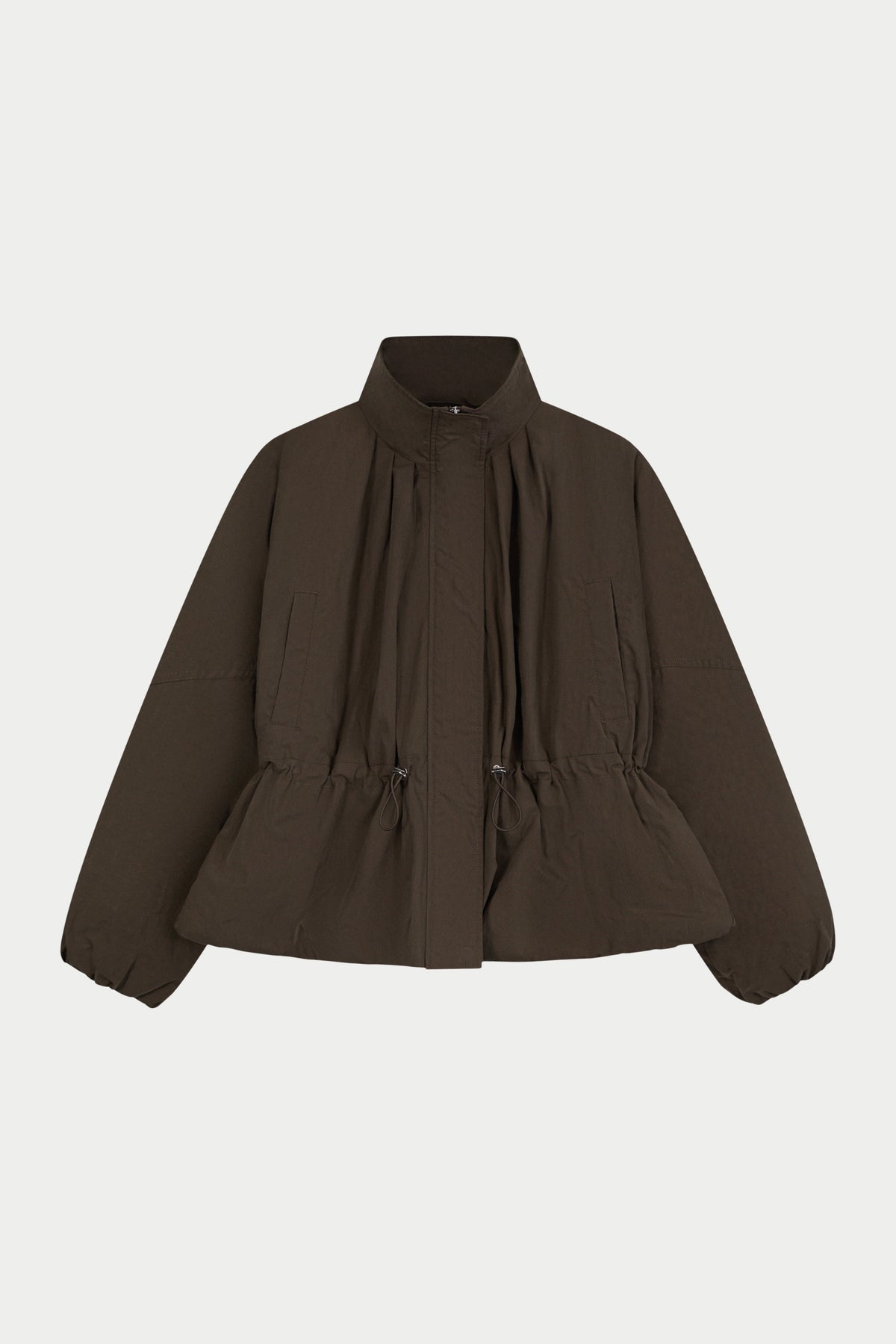 CINCHED WAIST FUNNEL NECK PADDED JACKET - BROWN
