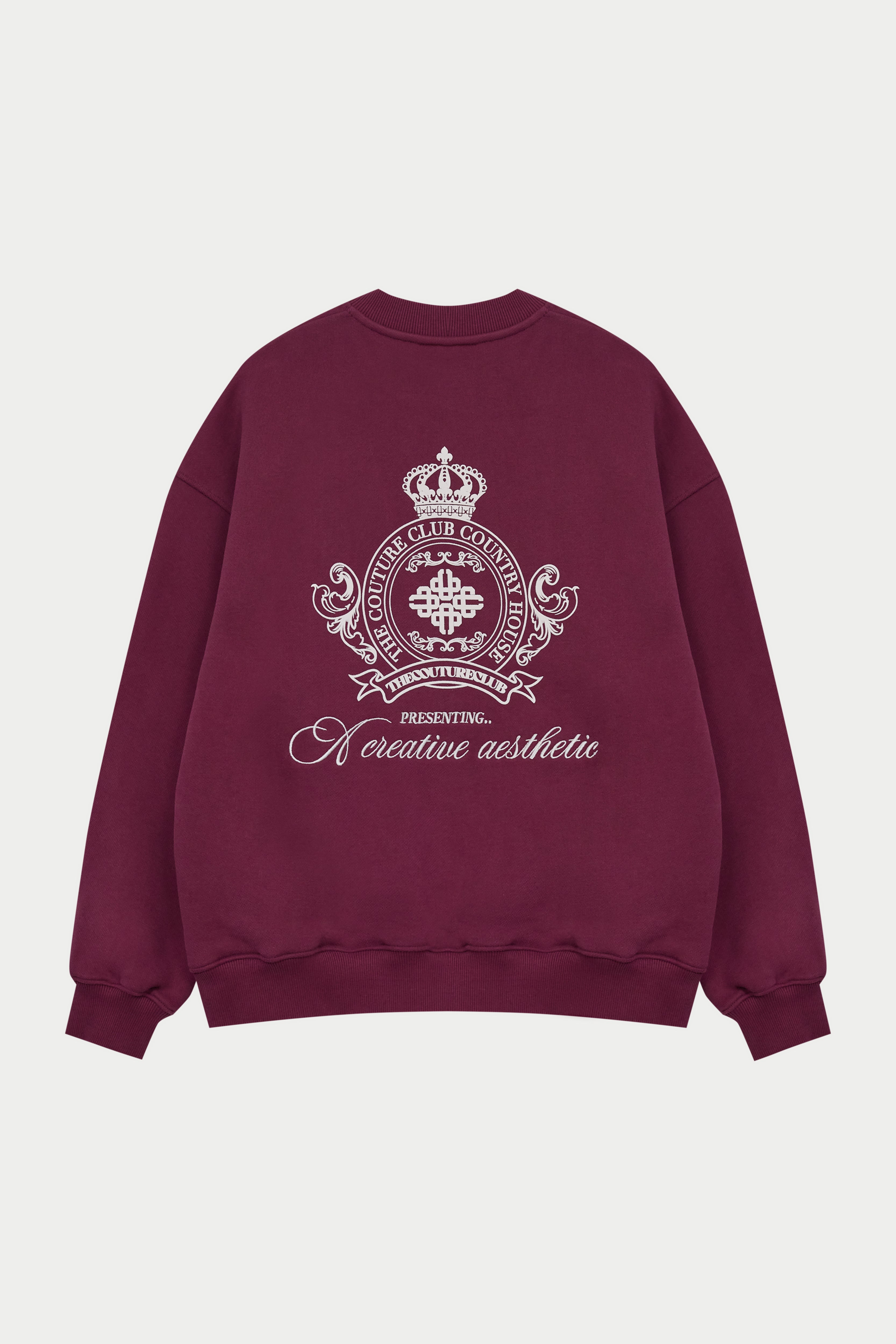 EMBROIDERED CREST OVERSIZED SWEATSHIRT - BURGUNDY | The Couture Club