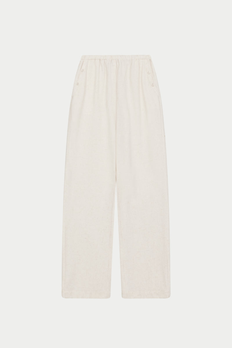 TEXTURED LINEN BUTTON DETAIL TROUSER - BEIGE