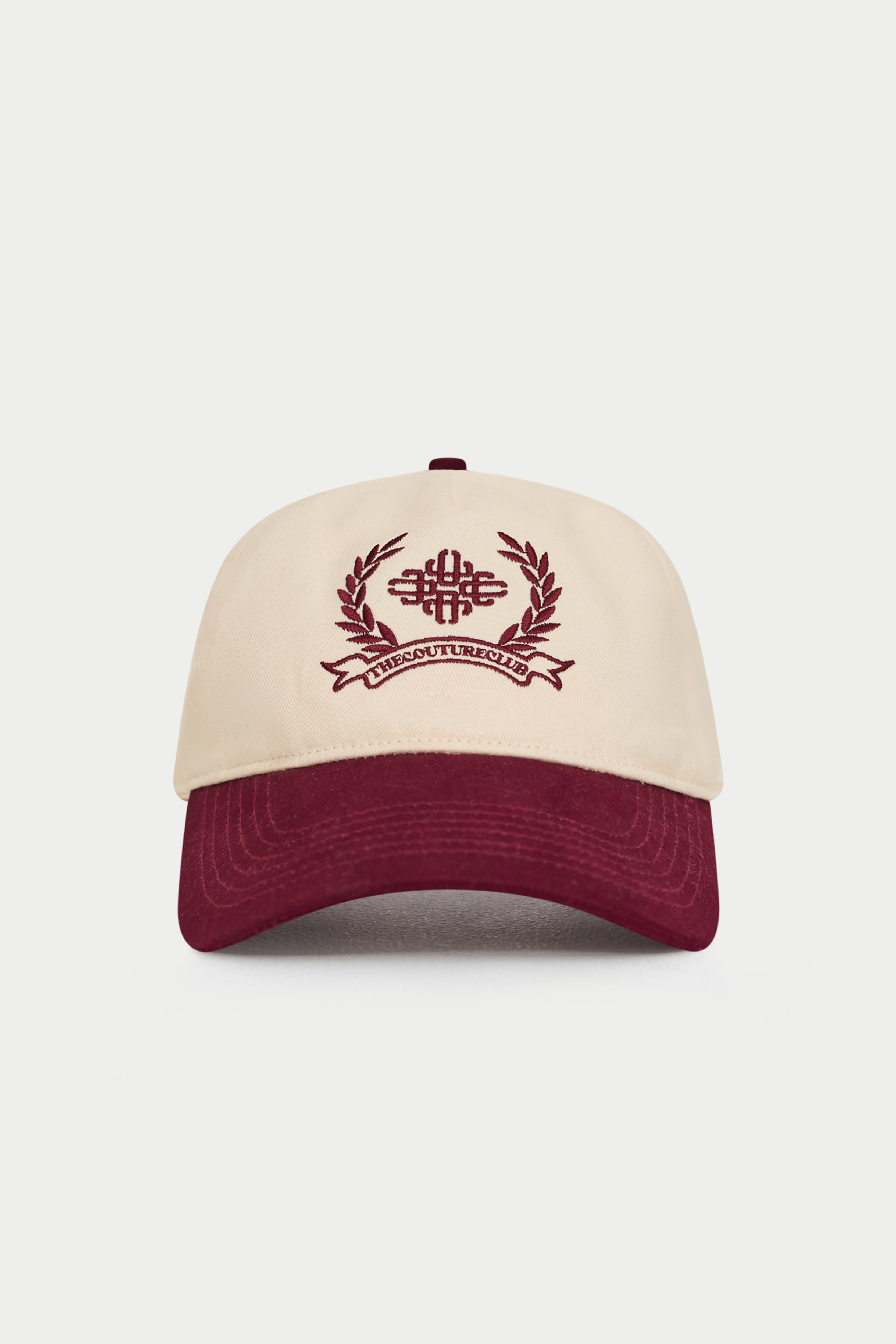 TWO TONE EMBROIDERY CREST CAP - BURGUNDY