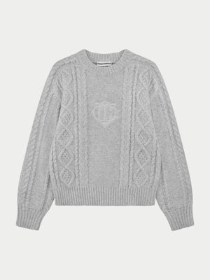 CABLE KNIT EMBROIDERED EMBLEM JUMPER - GREY MARL