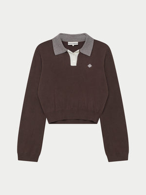 LONG SLEEVE KNITTED COLLAR POLO TOP - BROWN