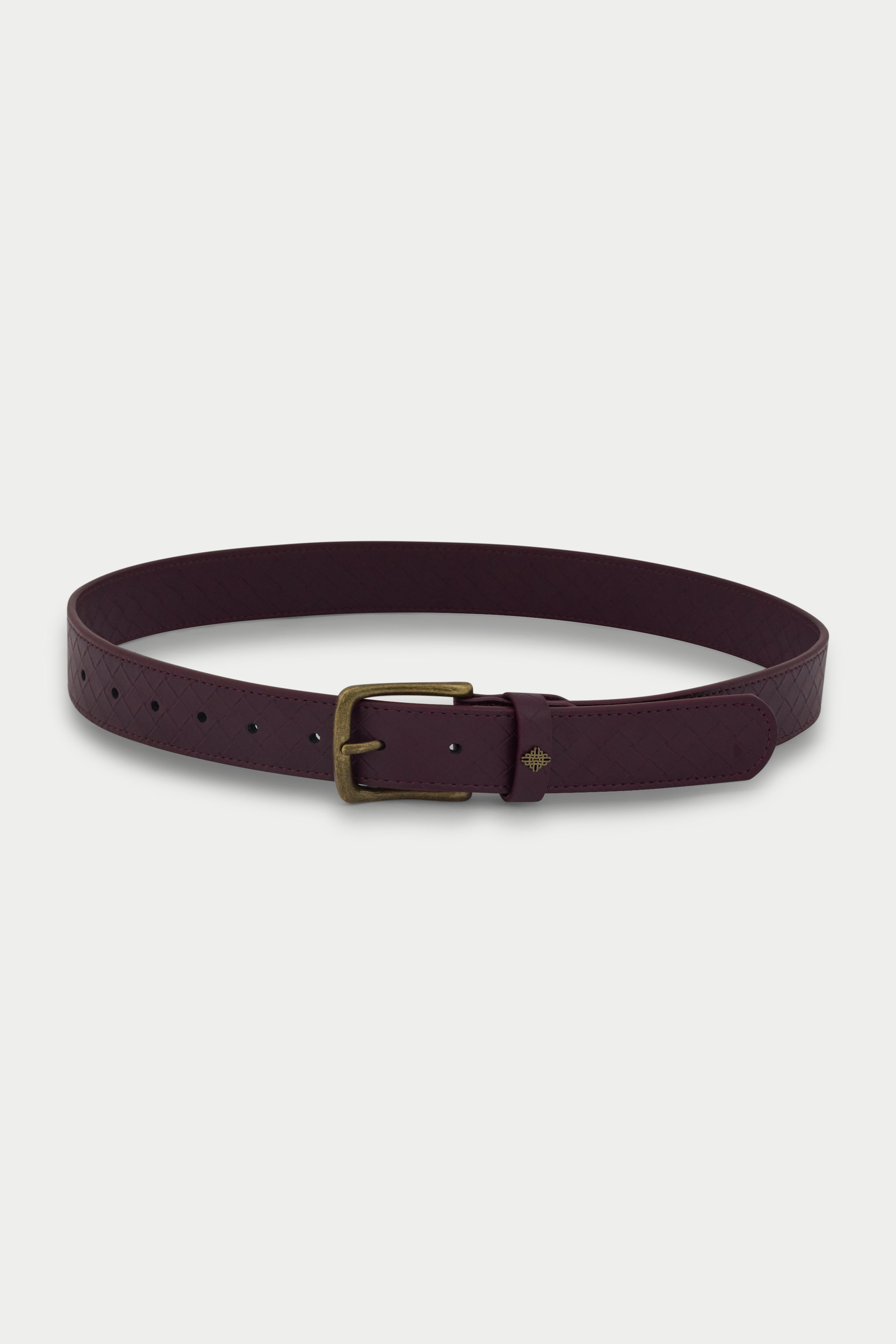 EMBLEM FAUX LEATHER WOVEN BELT - BURGUNDY