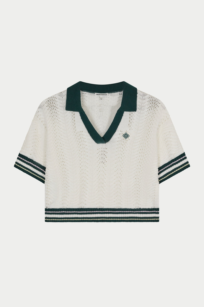 OPEN COLLAR CROCHET CROP SHIRT - FOREST GREEN – The Couture Club