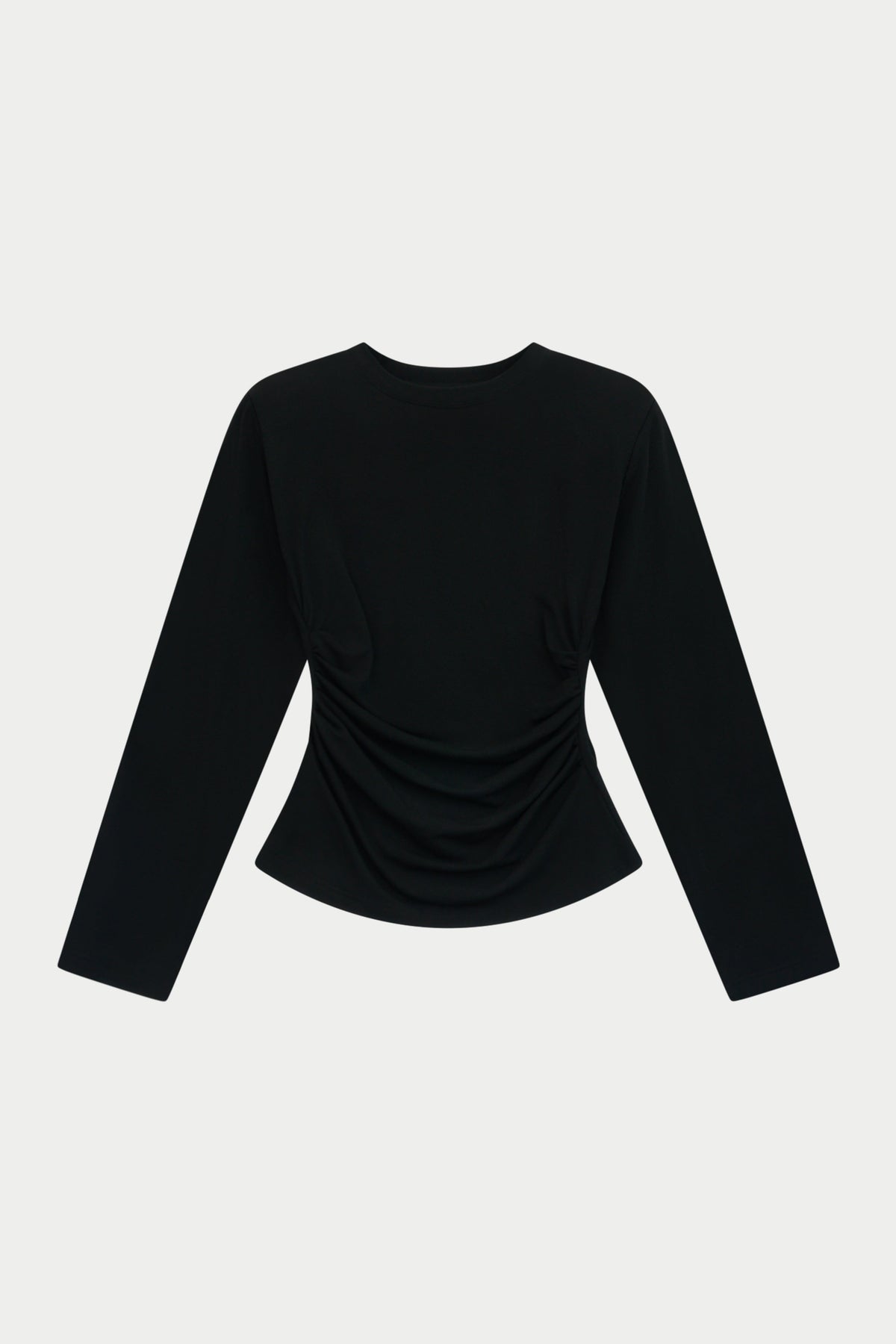 LONG SLEEVE SHOULDER PAD RUCHED TEE - BLACK