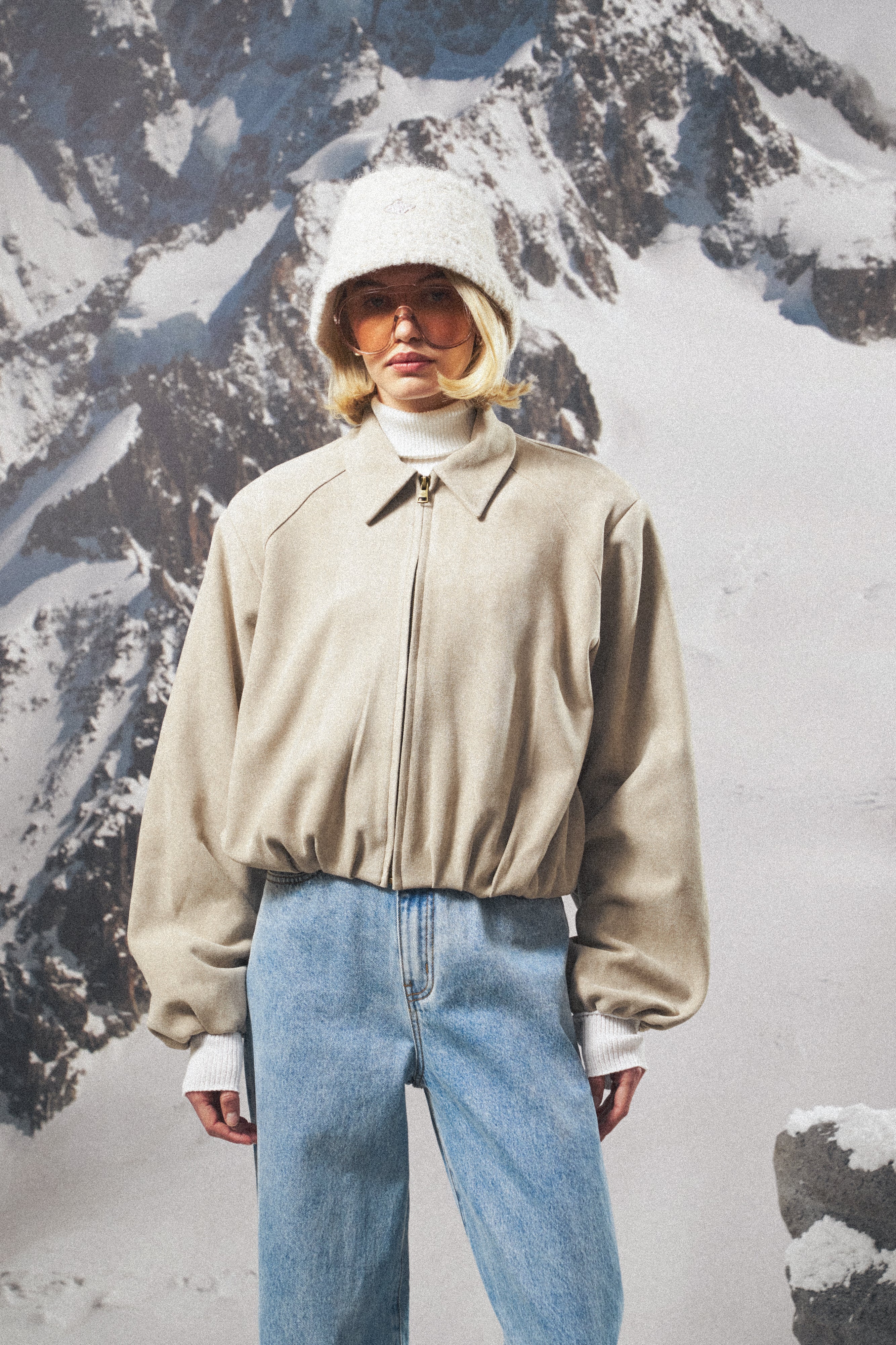 BALLOON HEM FAUX SUEDE JACKET - BEIGE