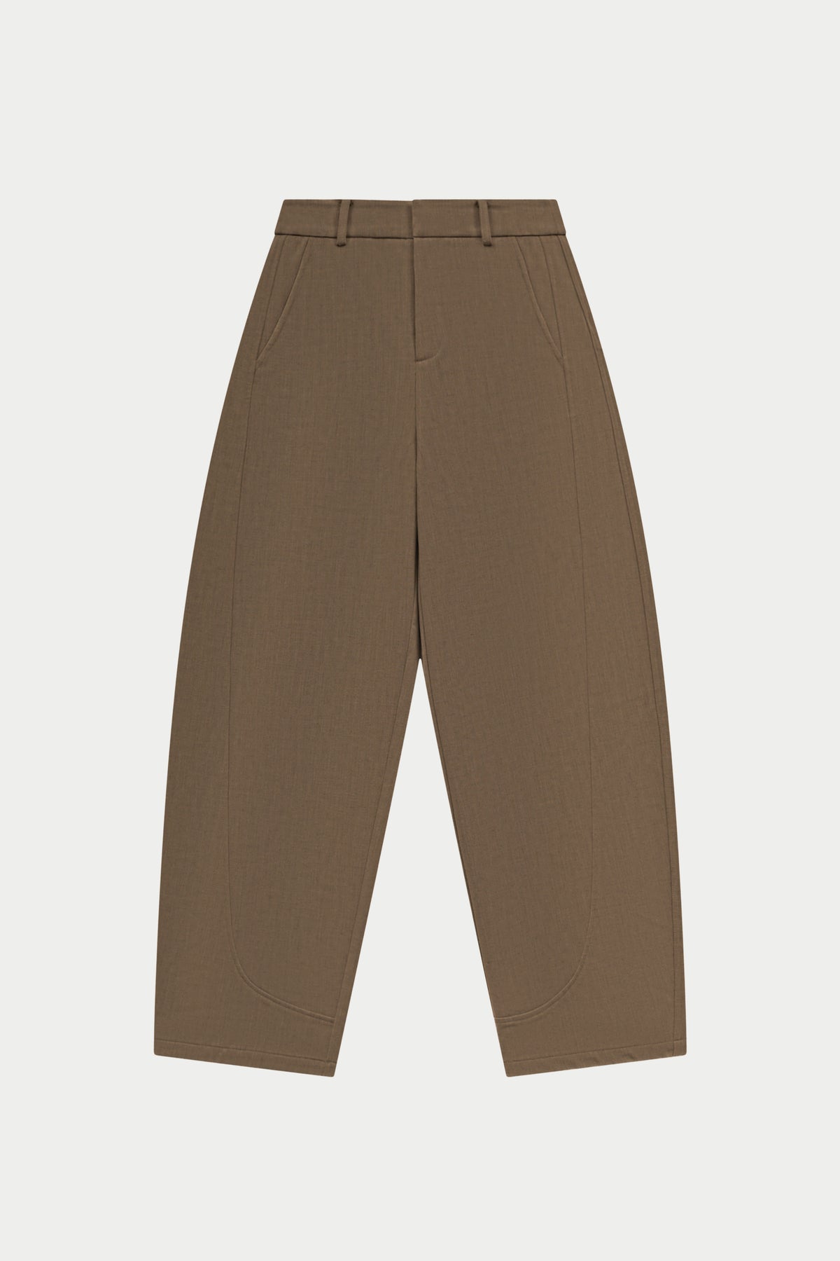 Brown barrel leg pants on a white background