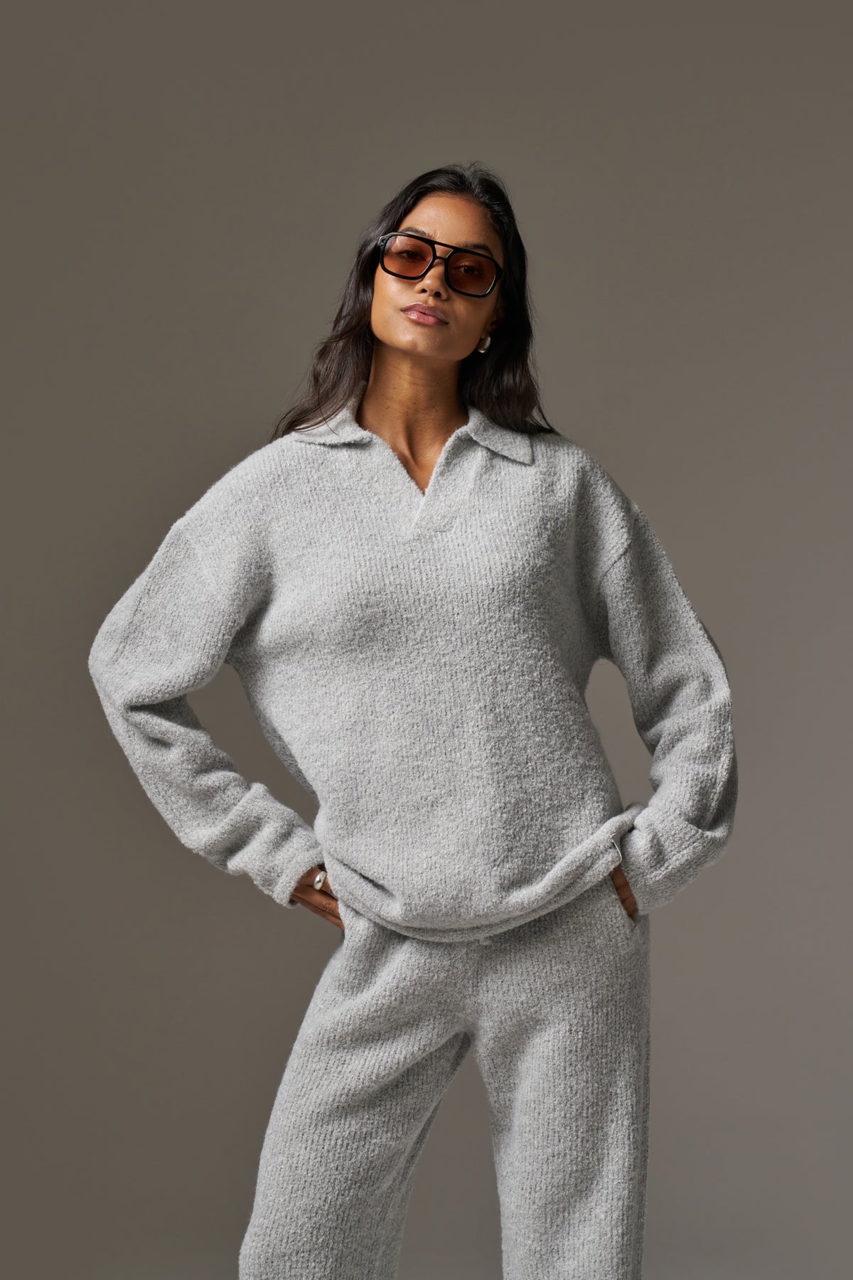 BOUCLE KNIT LONG SLEEVE POLO - GREY MARL
