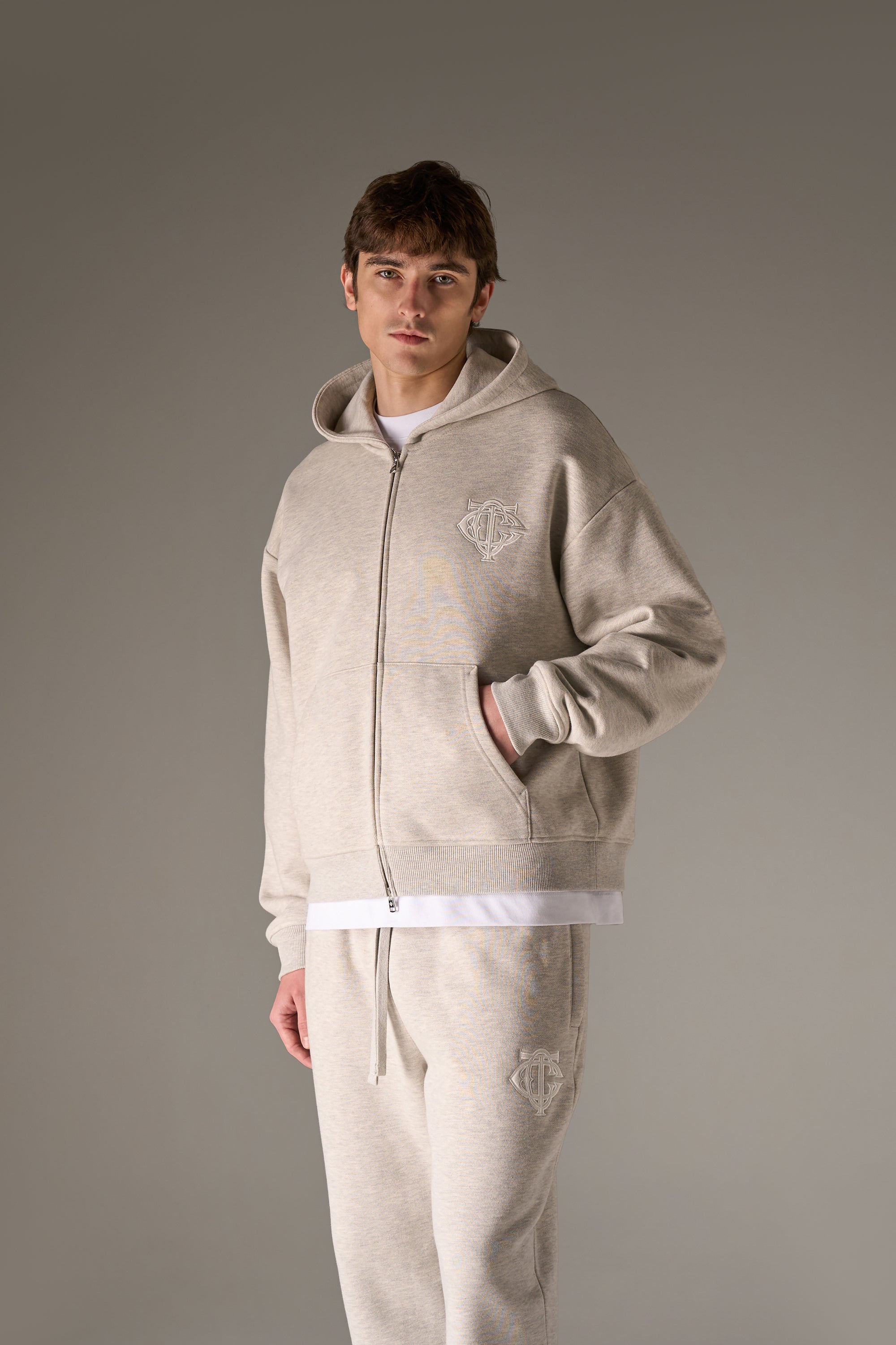 HEAVYWEIGHT MONOGRAM APPLIQUE EMBLEM ZIP THROUGH - GREY MARL