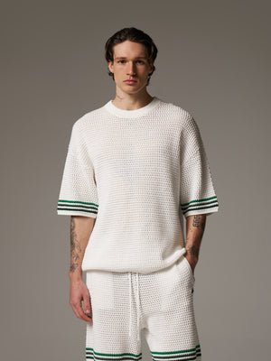 STRIPE CROCHET KNIT T-SHIRT - WHITE