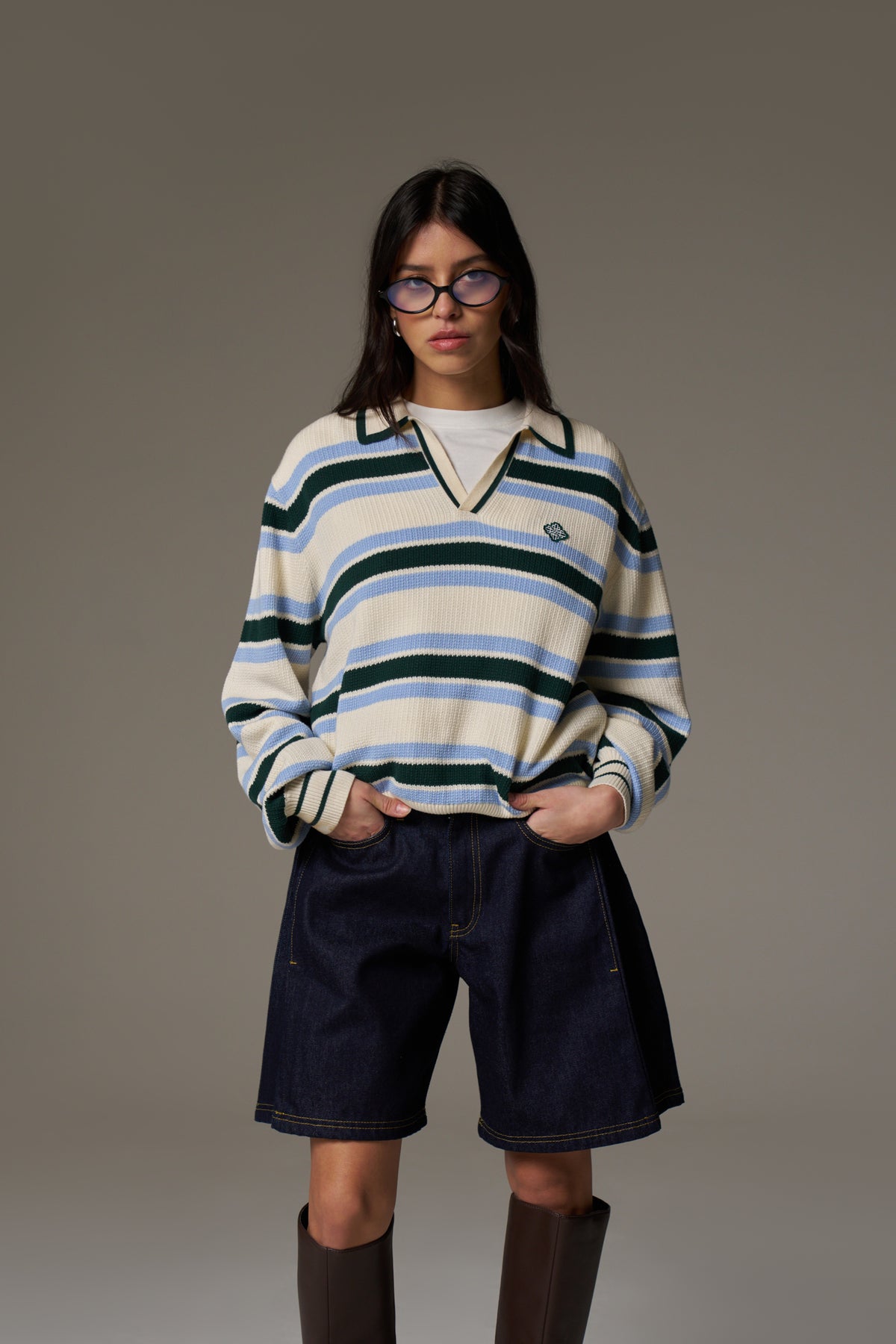 STRIPE KNITTED POLO SWEATSHIRT - OFF WHITE