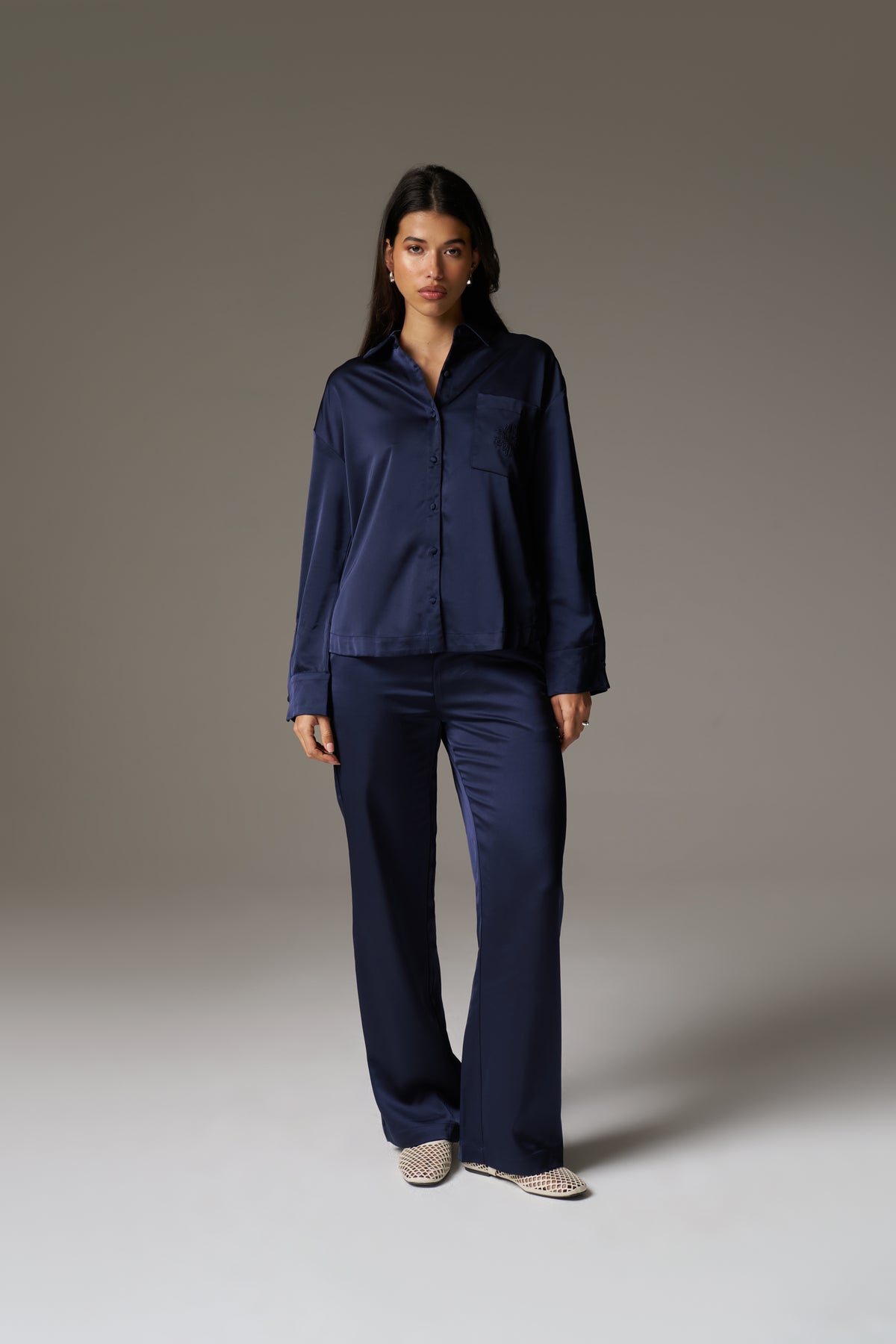 SATIN EMBLEM TROUSERS - NAVY