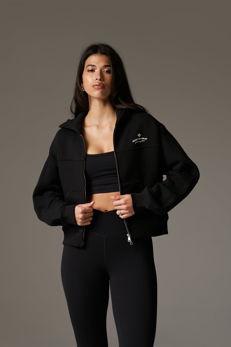 PILATES & PINOT ZIP THROUGH CROPPED HOODIE - BLACK – The Couture Club