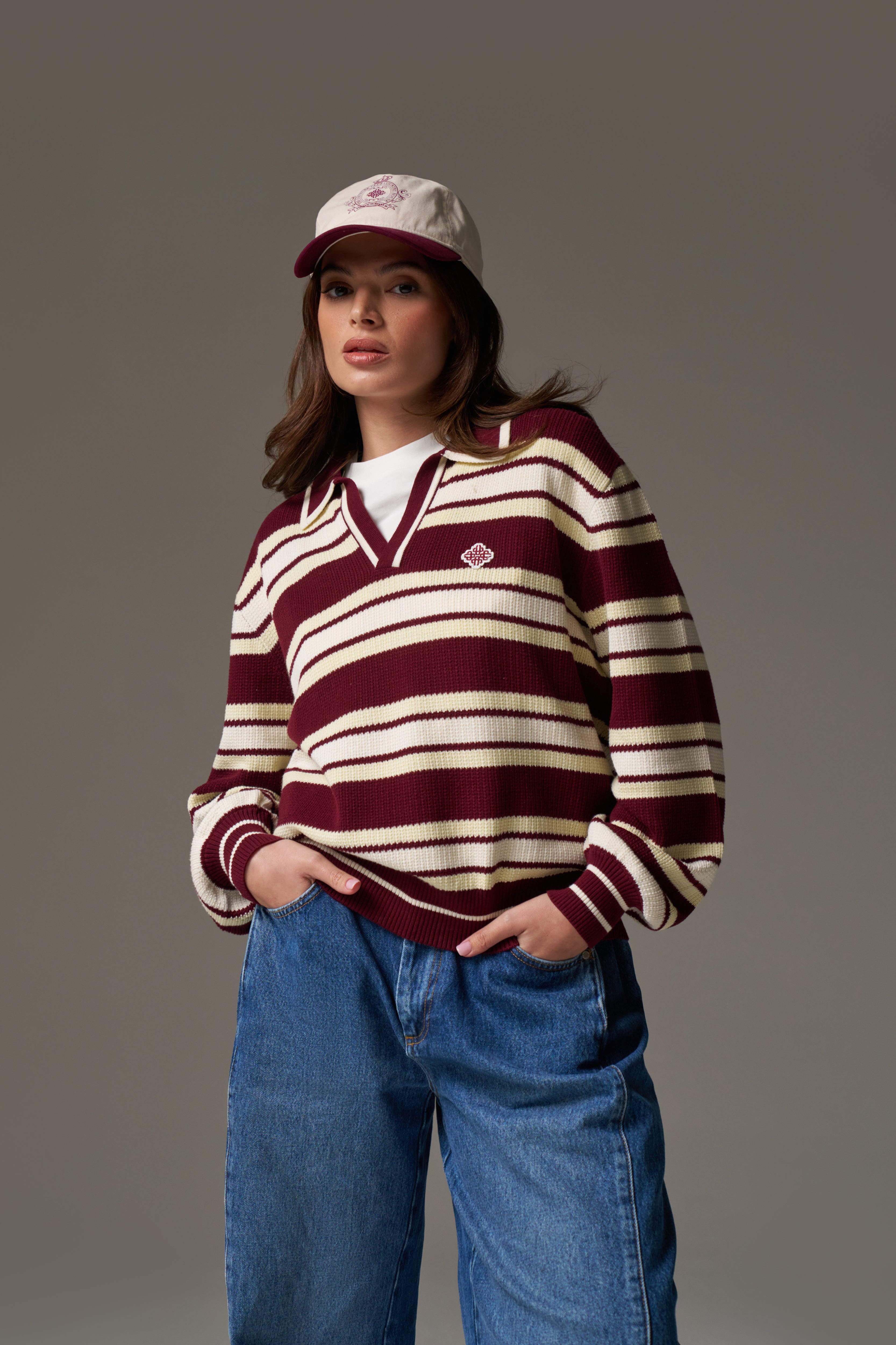 STRIPE KNITTED POLO SWEATSHIRT - BURGUNDY