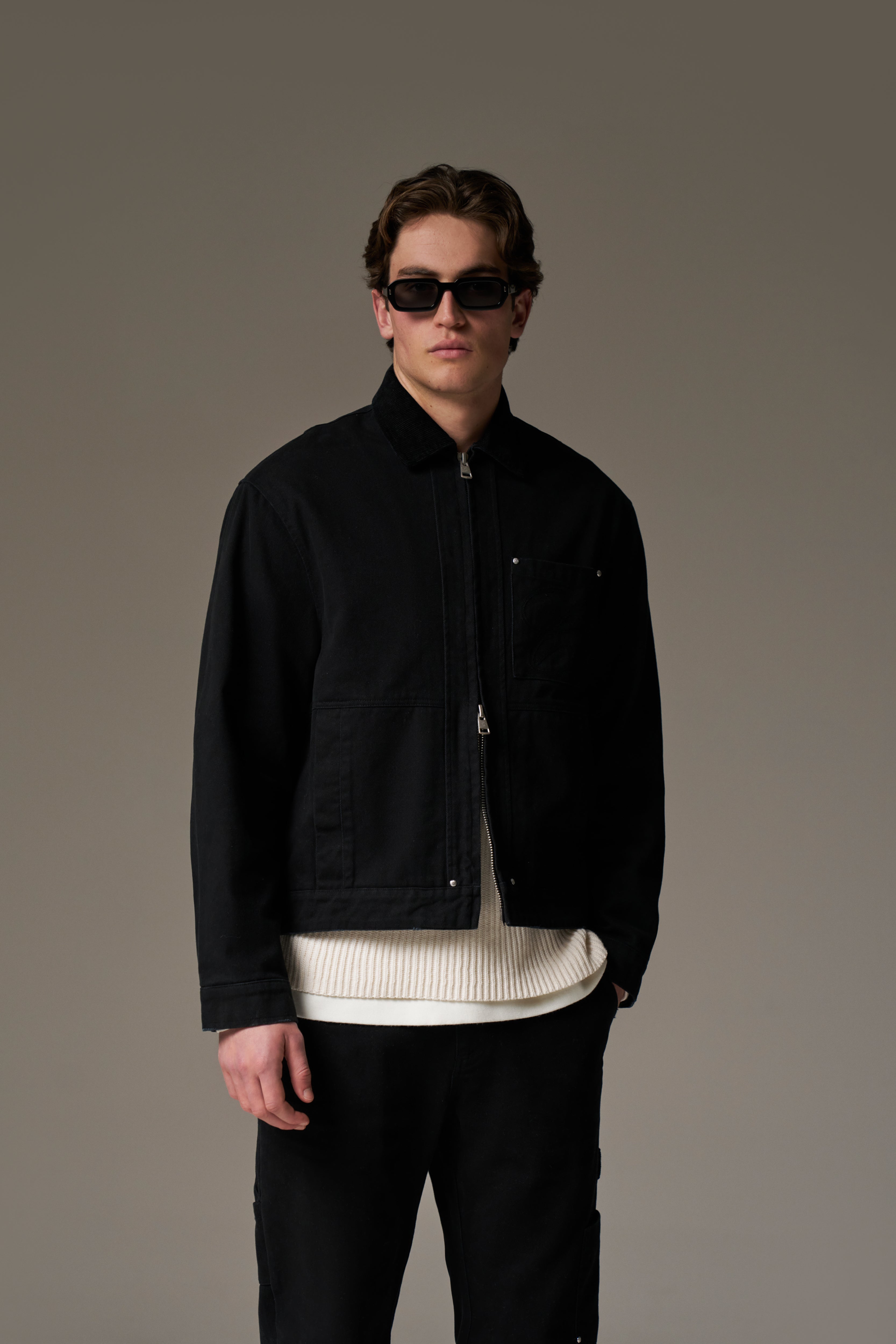 TWILL CONTRAST COLLAR JACKET - WASHED BLACK