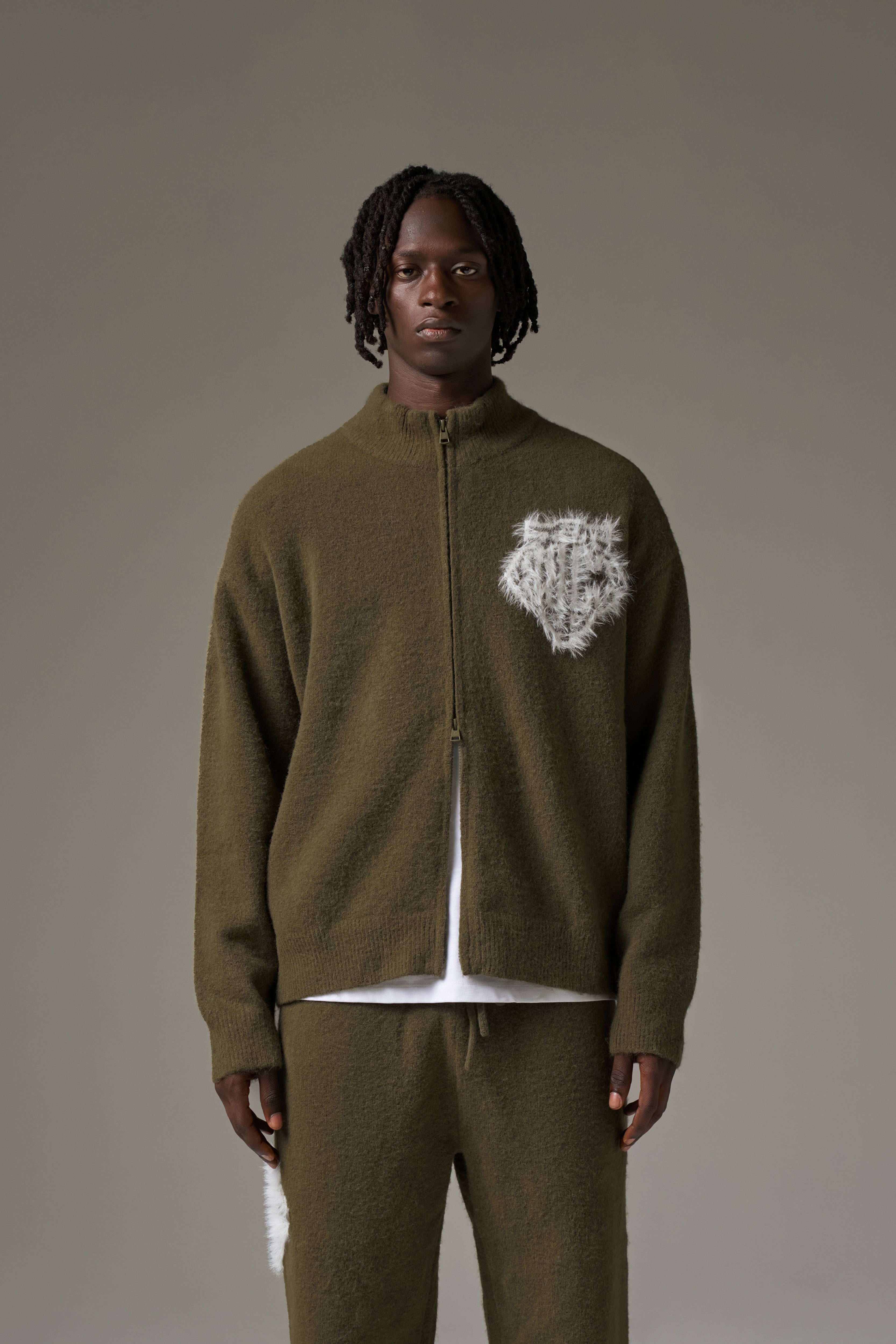 MONOGRAM FLUFFY KNIT ZIP THROUGH - KHAKI