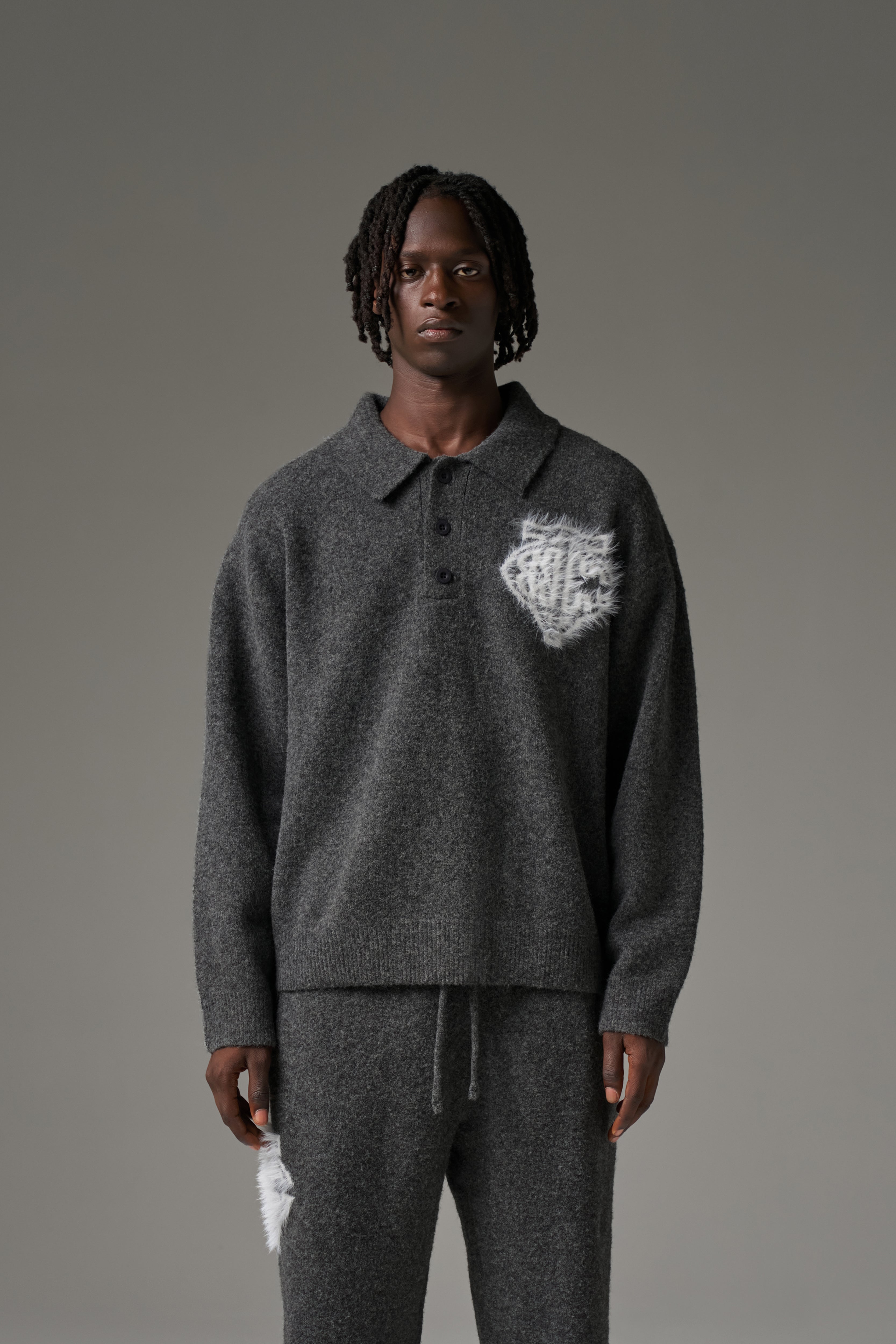 MONOGRAM FLUFFY KNIT POLO - CHARCOAL
