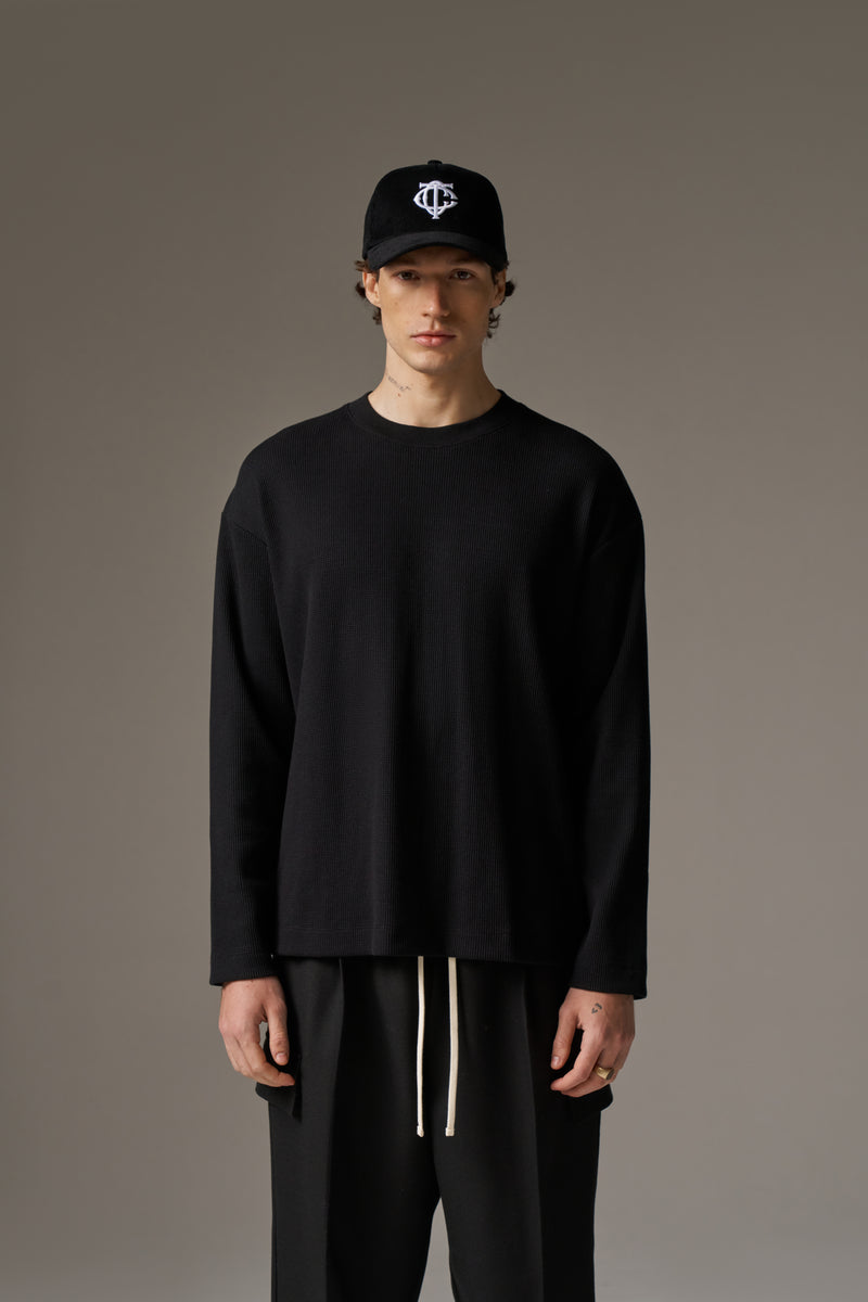 WAFFLE LONG SLEEVE T-SHIRT - BLACK – The Couture Club