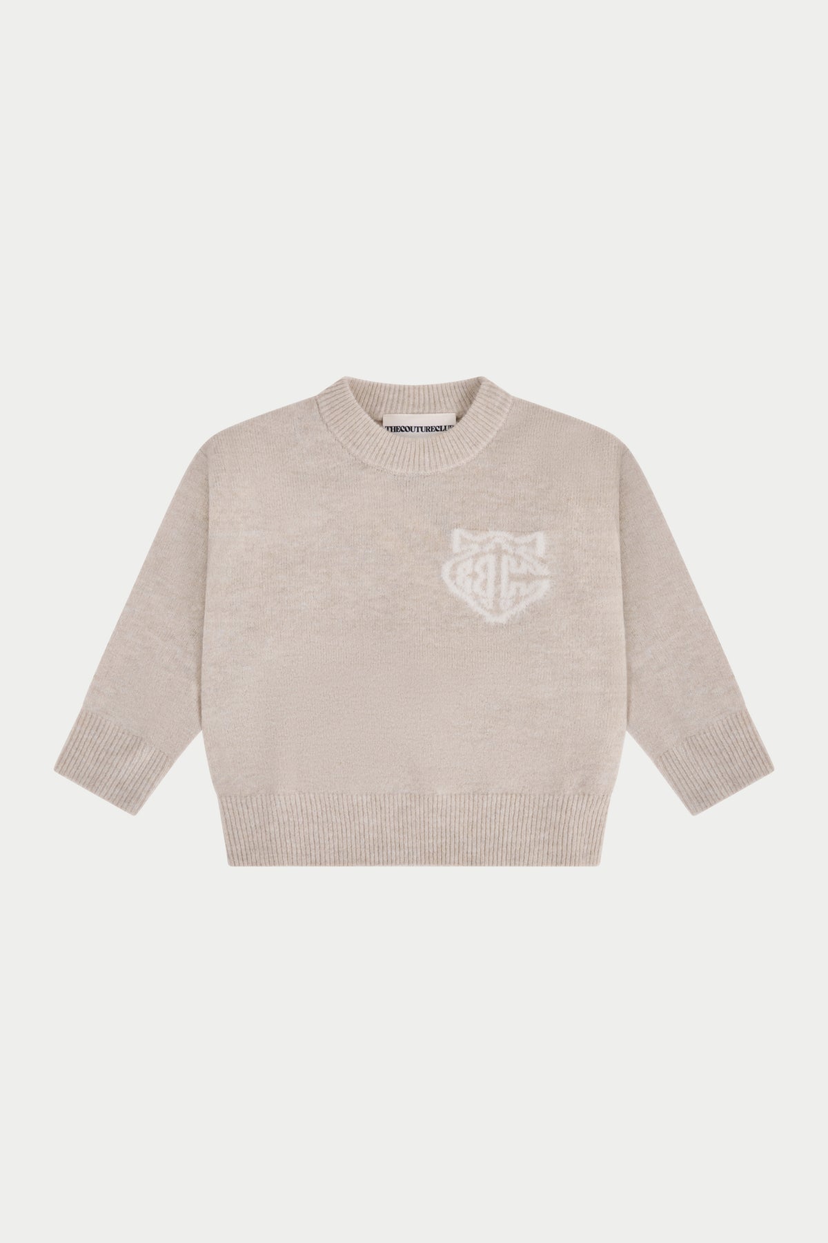 KIDS MONOGRAM FLUFFY KNIT CREW - BEIGE
