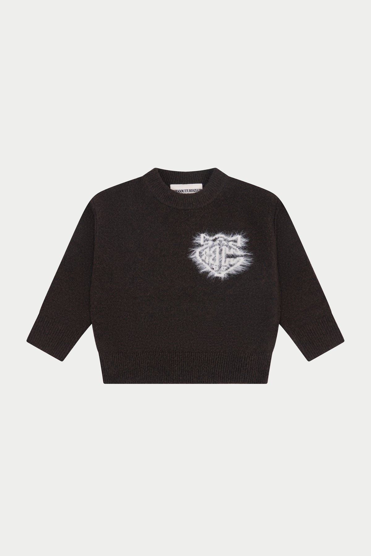 KIDS MONOGRAM FLUFFY KNIT CREW - BROWN