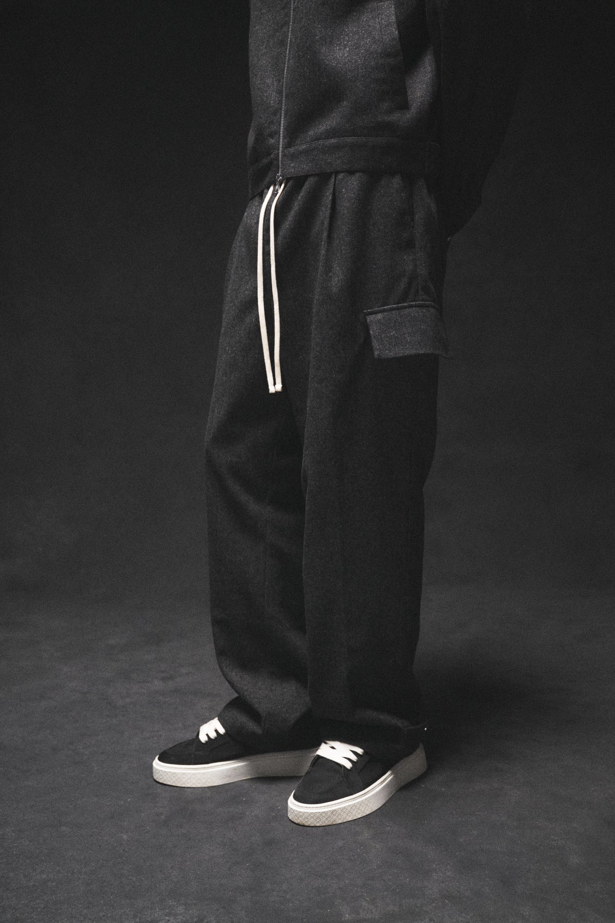 WIDE LEG HERRINGBONE TROUSERS - CHARCOAL