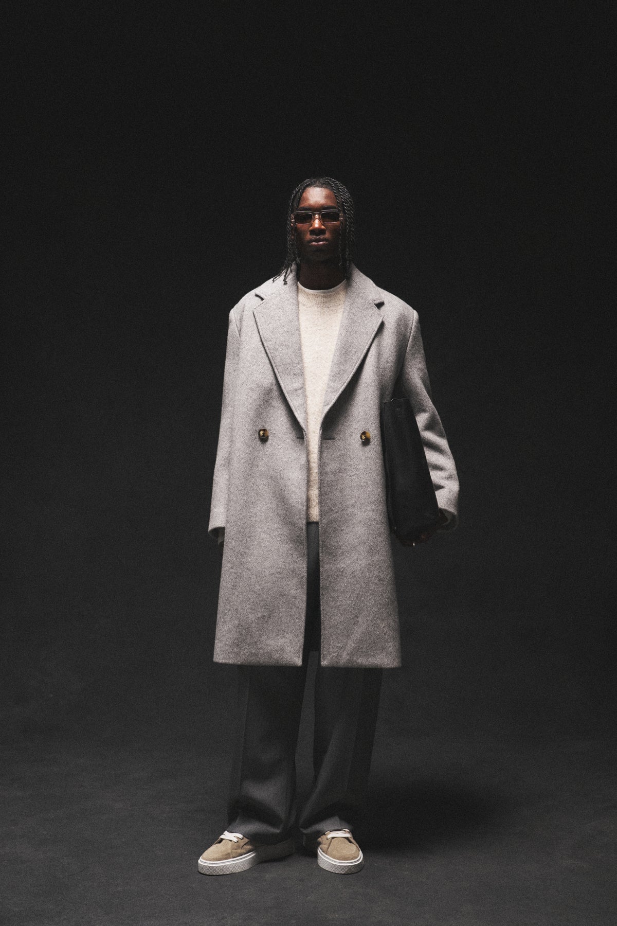 HERRINGBONE WOOL LONGLINE DUSTER COAT - GREY