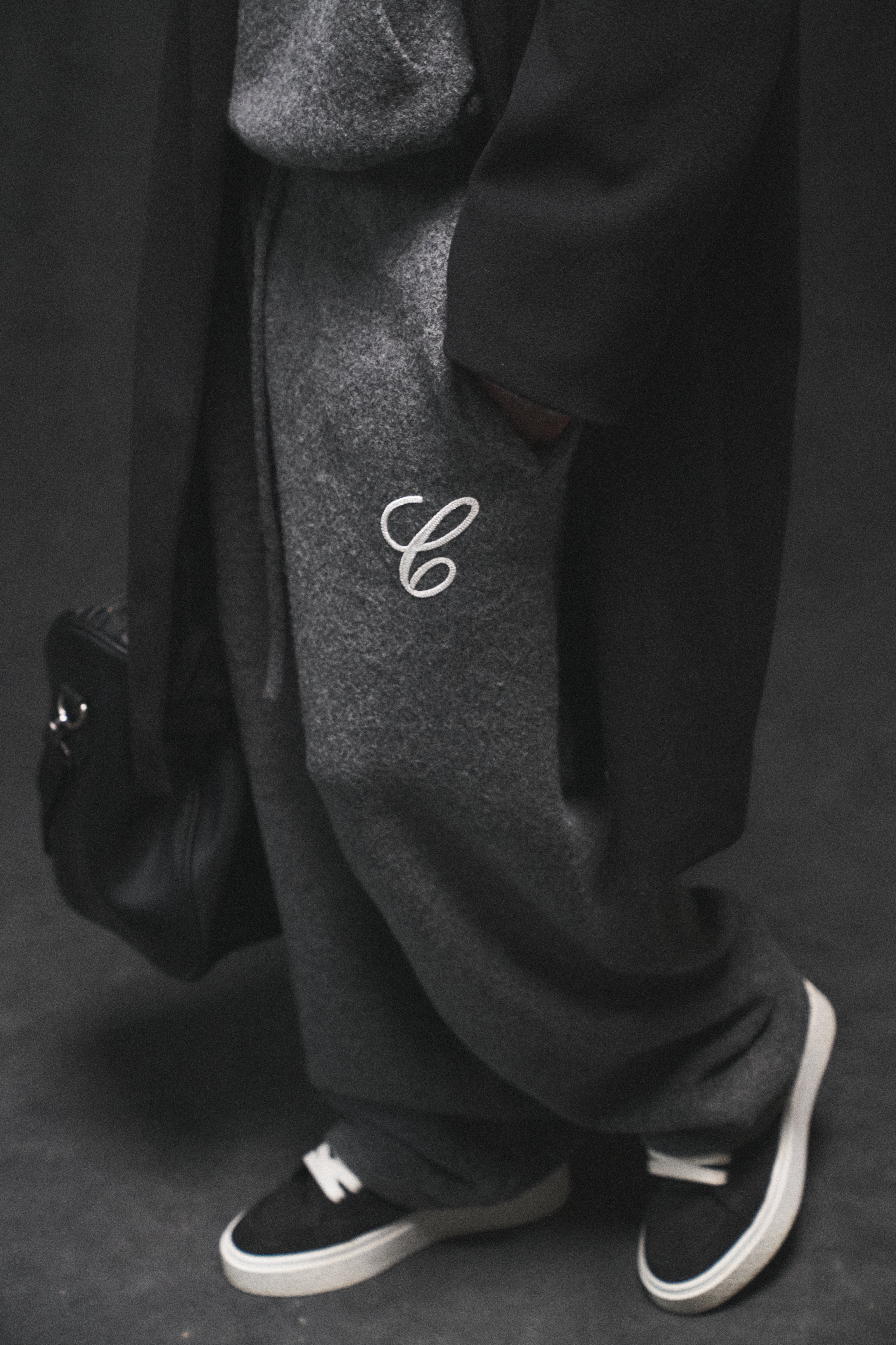 CHAINSTITCH EMBROIDERY KNITTED BARREL LEG JOGGERS - CHARCOAL