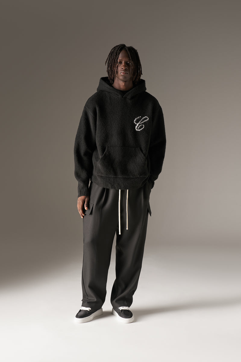 SCRIPT LOGO GRAPHIC KNITTED HOODIE - BLACK – The Couture Club