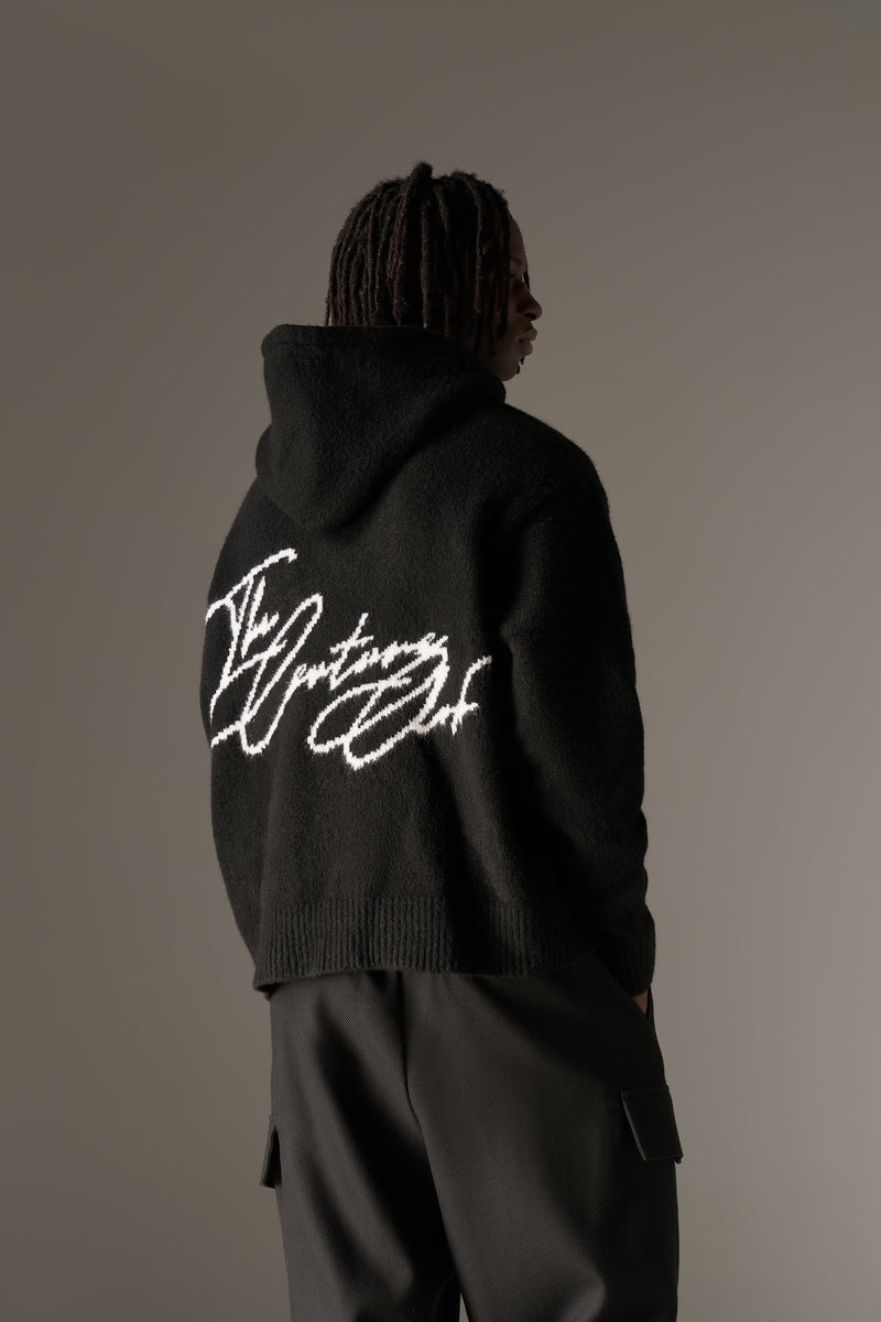 SCRIPT LOGO GRAPHIC KNITTED HOODIE - BLACK – The Couture Club