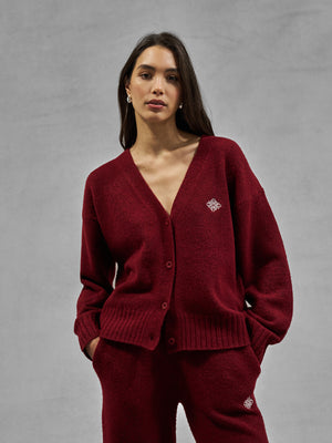 FLUFFY KNIT EMBLEM EMBROIDERED CARDIGAN - BURGUNDY