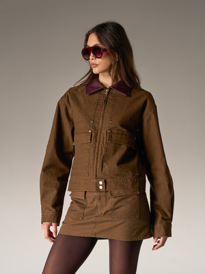 WASHED CONTRAST COLLAR TRUCKER JACKET - CHOCOLATE