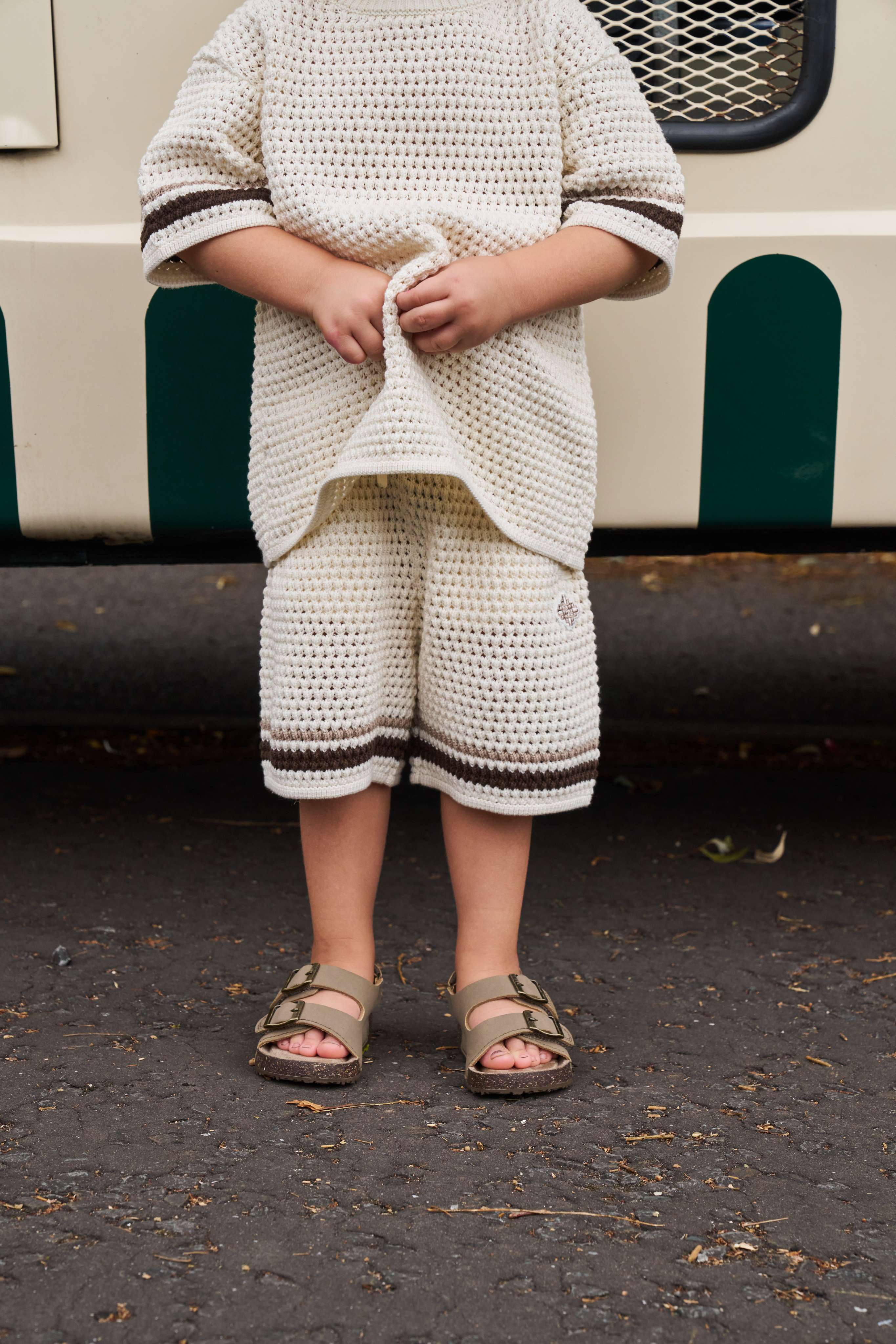 JUNIOR STRIPE CROCHET KNIT SHORTS - OFF WHITE