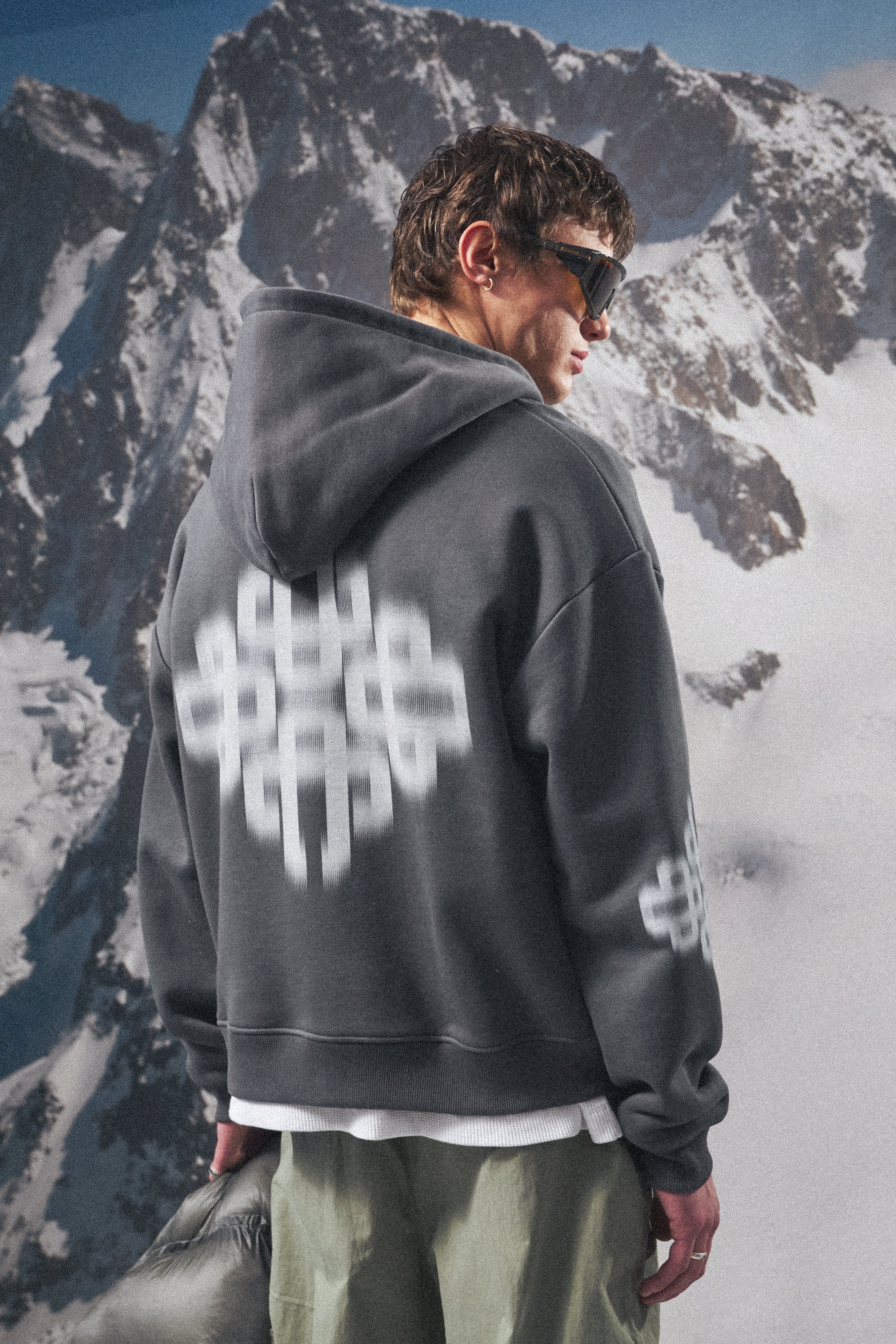 MOTION BLURRED ZIP THROUGH HOODIE - CHARCOAL