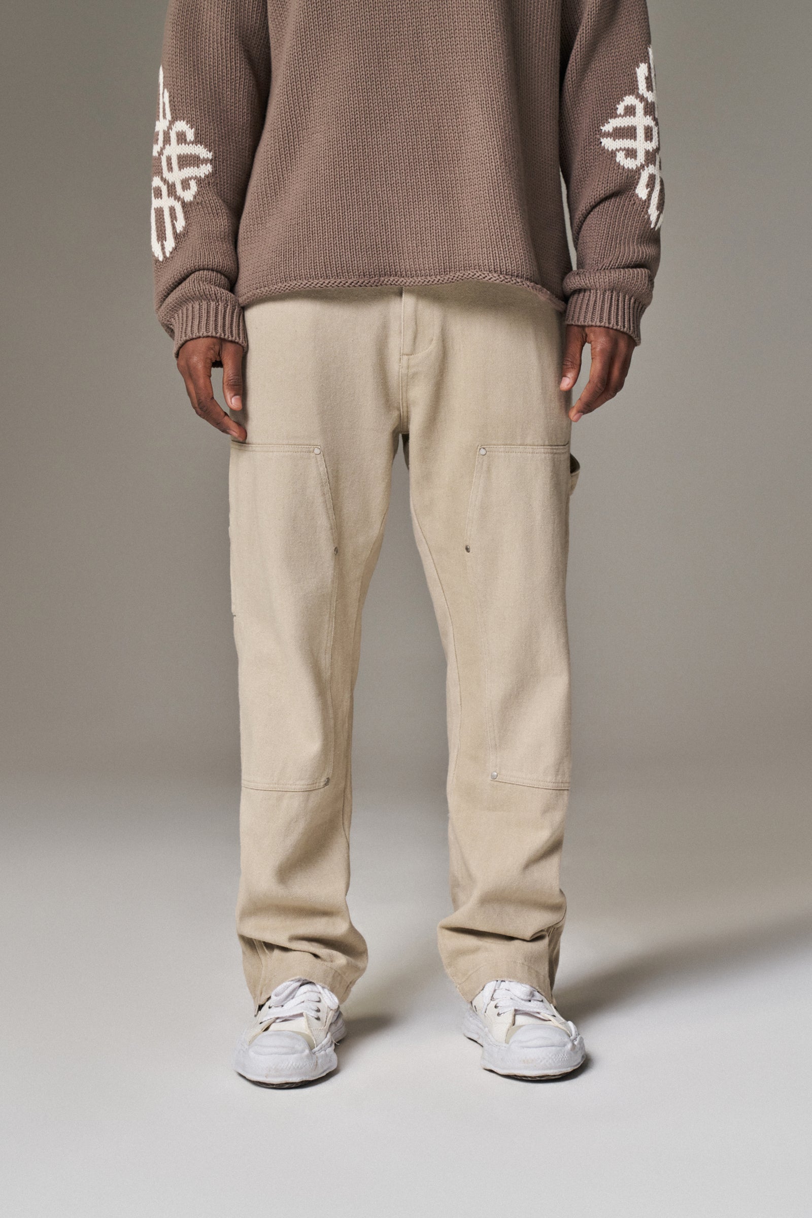 TWILL RIVET DETAIL CARPENTER PANT - BEIGE