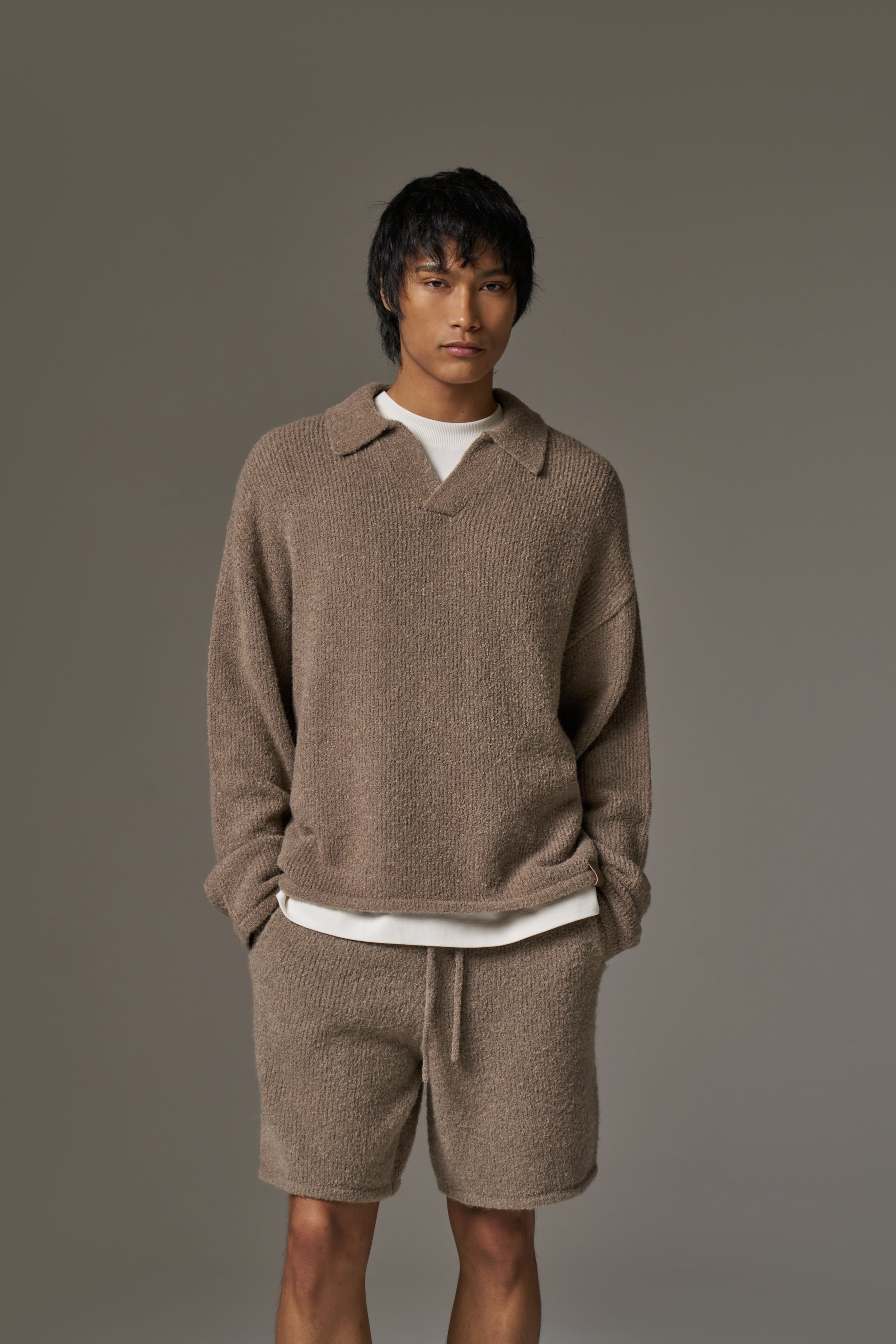BOUCLE KNIT LONG SLEEVE POLO - BROWN