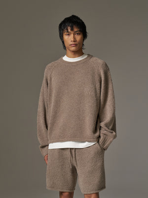 BOUCLE KNIT RAGLAN CREW - BROWN