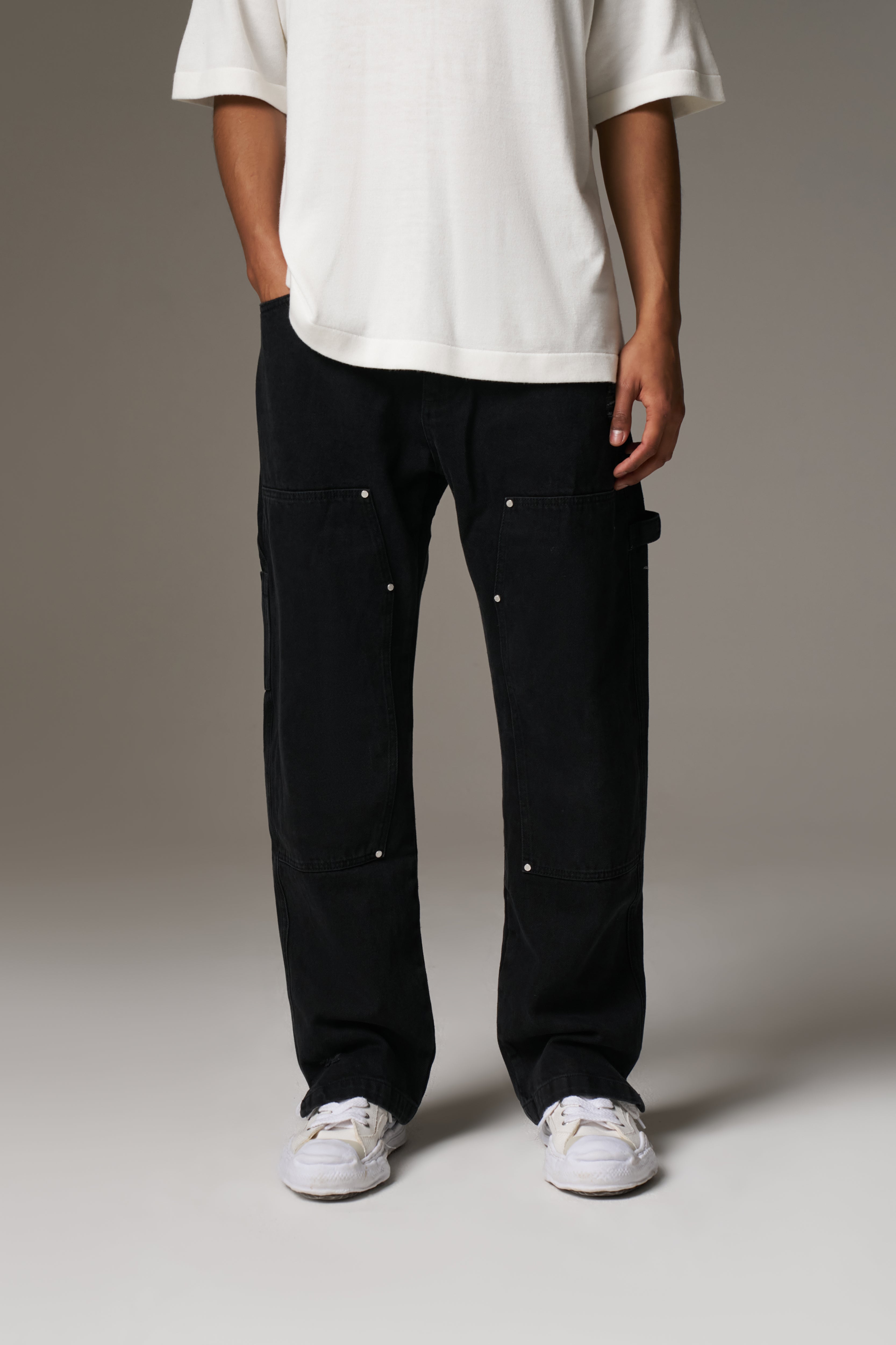 DENIM RIVET DETAIL CARPENTER JEANS - BLACK WASH