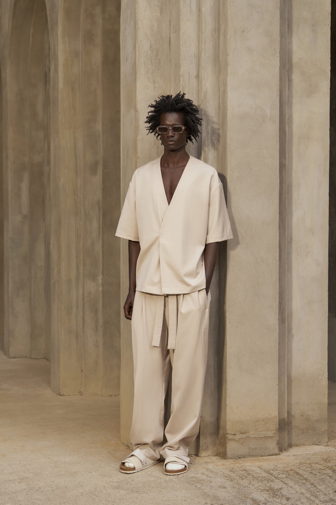SMART TIE BELTED TROUSERS - STONE